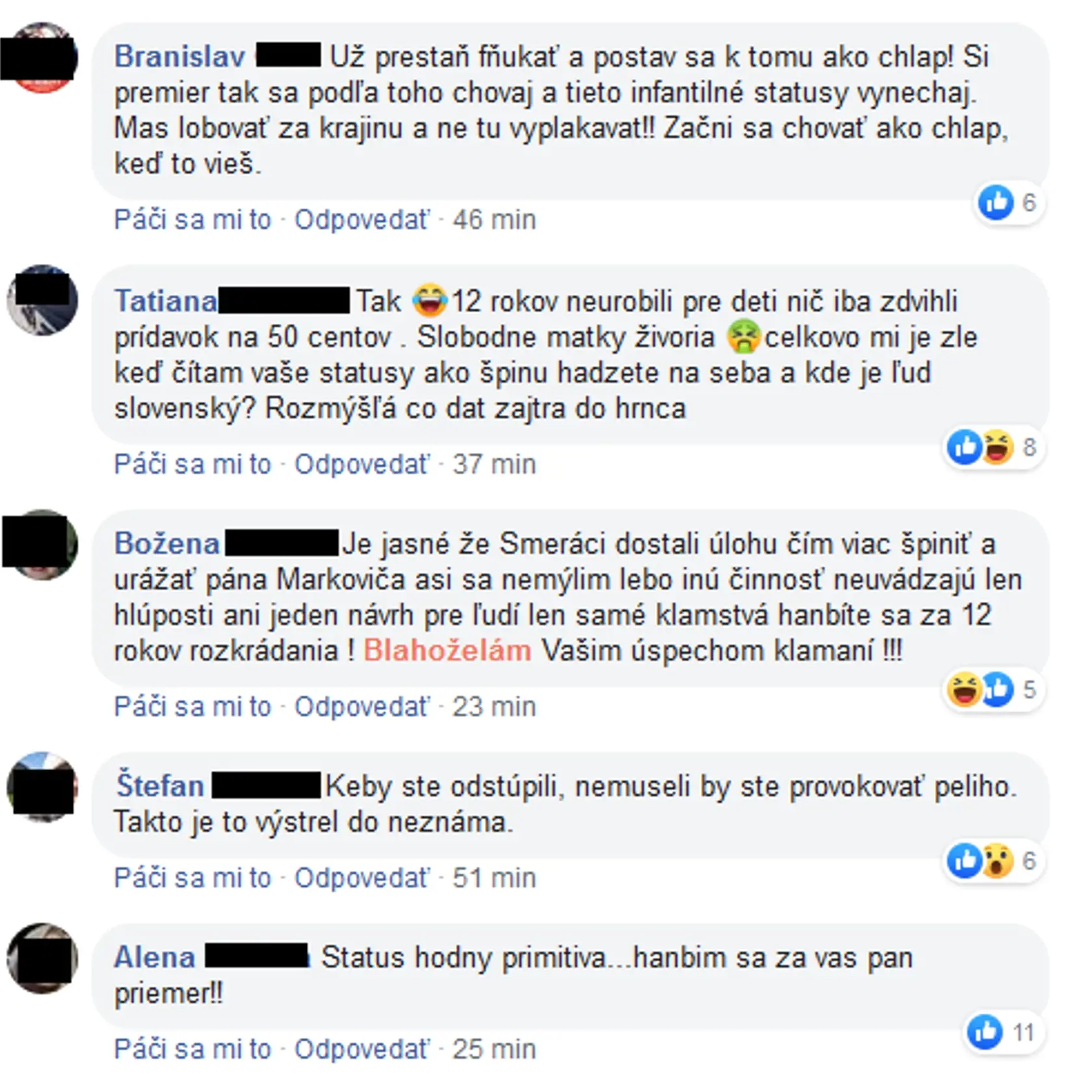 Komentáre ľudí na premiérov status