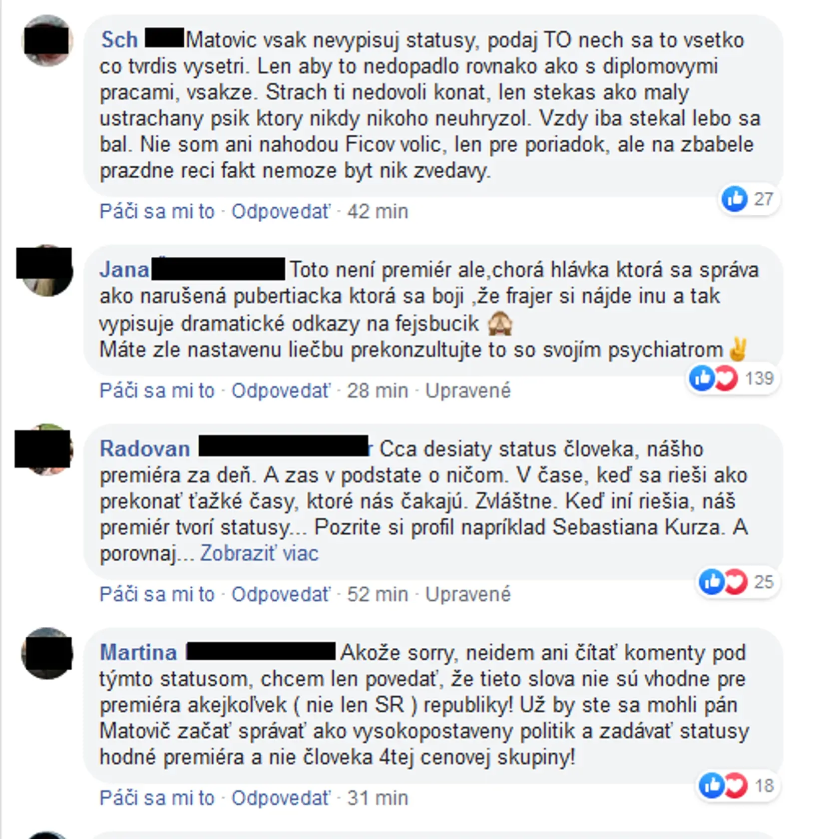 Komentáre ľudí na premiérov status