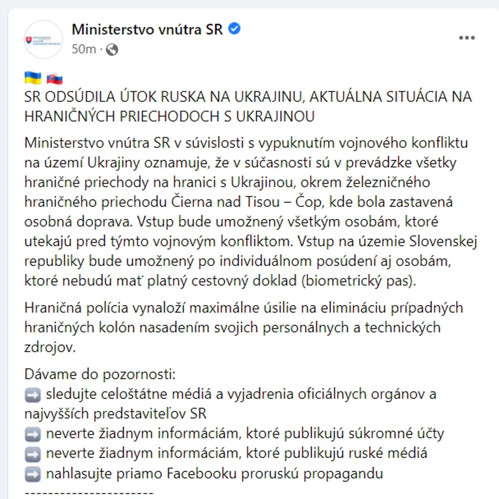 Ministerstvá aj polícia vyzývajú Slovákov, aby neverili dezinformáciám a propagande v súvislosti s vojnou na Ukrajine.