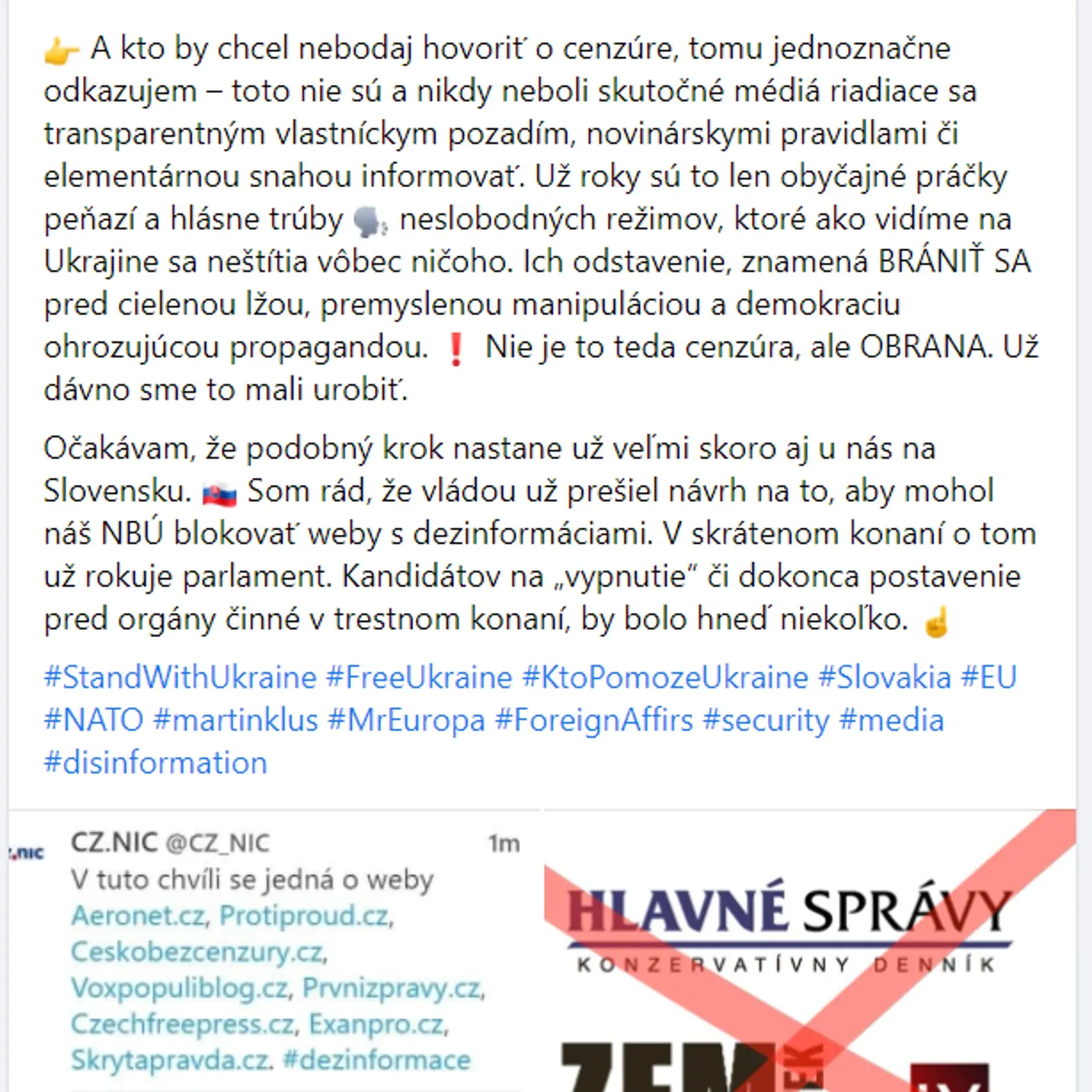 Štátny tajomník rezortu diplomacie Martin Klus sa na sociálnej sieti vyjadril, že tlieska Česku za rozhodnutie zablokovať osem dezinformačných webov šíriacich prokremeľskú propagandu.

Status 2/2
