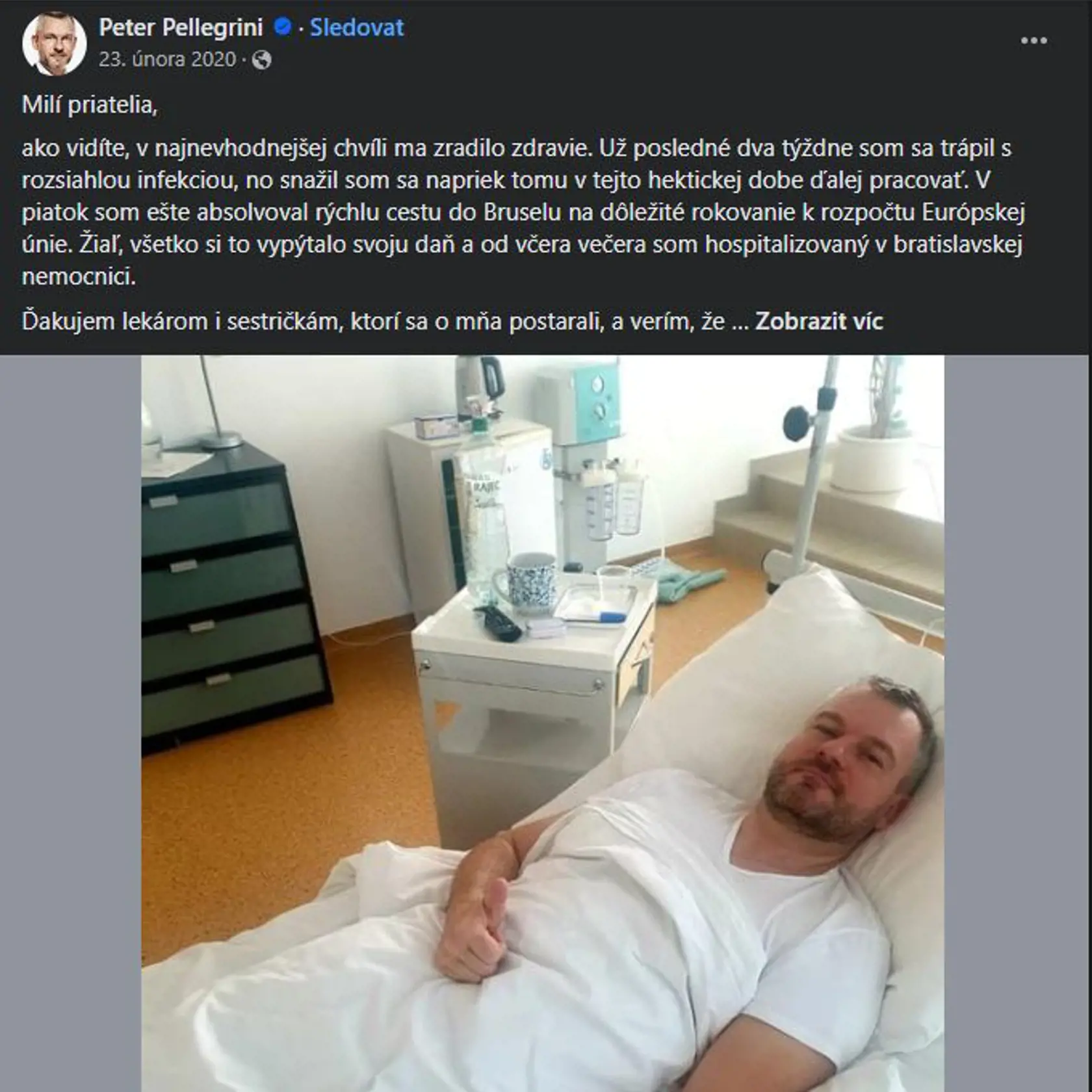 Peter Pellegrini reaguje na obavy ľudí o jeho zdravotný stav. Na internete sa totiž objavila jeho fotografia na nemocničnom lôžku, ktorá však pochádza ešte z roku 2020.