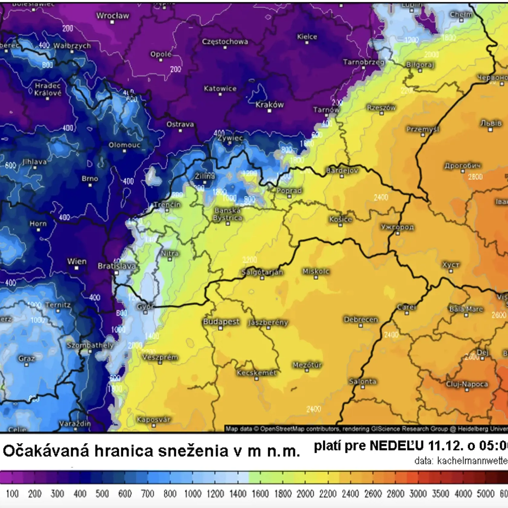 Očakávaná hranica sneženia v nedelu ráno.