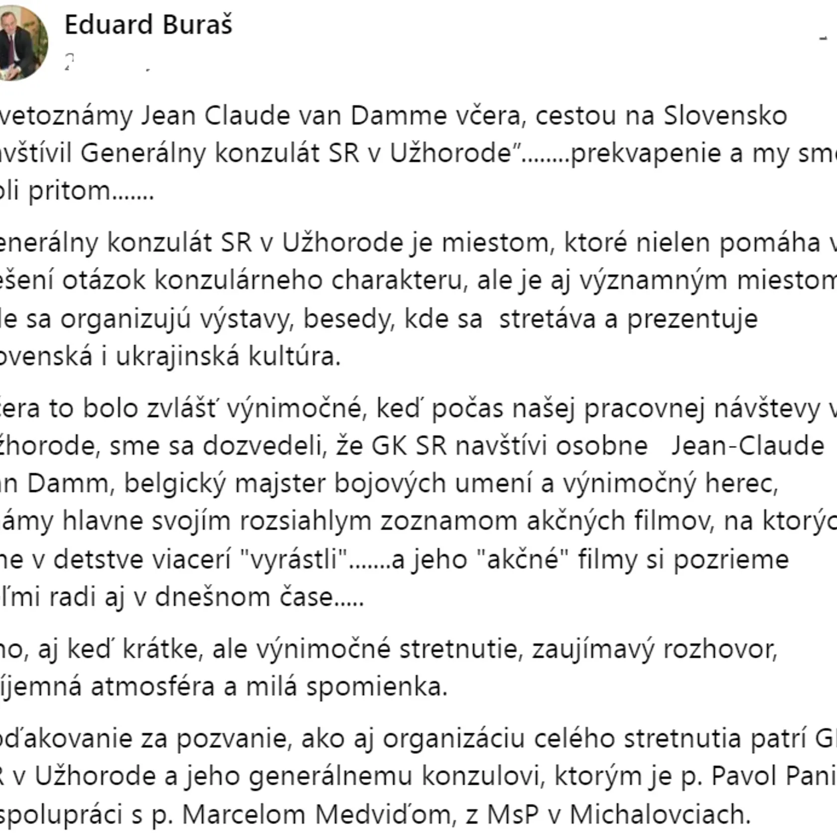 Eduard Buráš sa pochválil so stretnutím s hercom na sociálnej sieti.