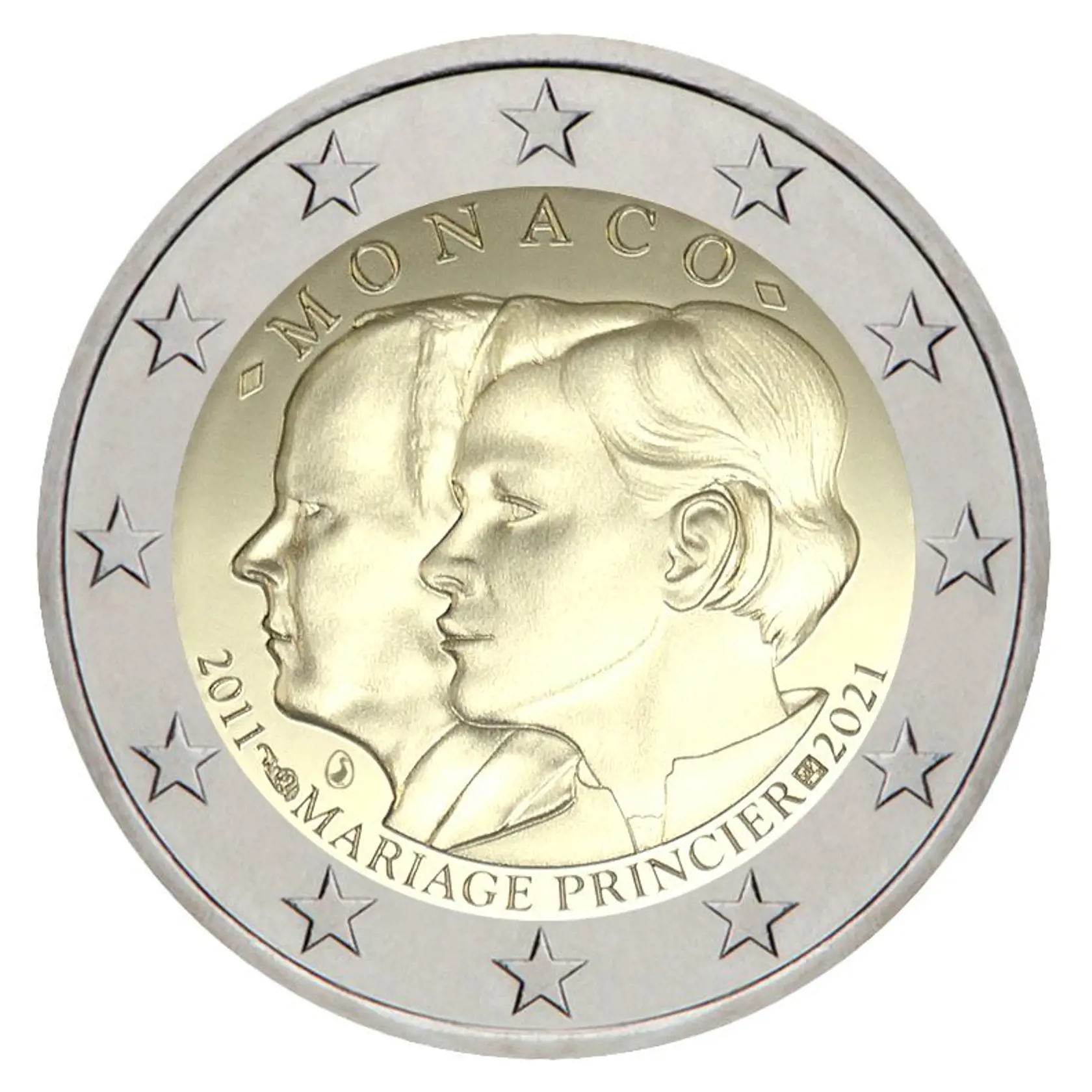 Monacká pamätná minca k 10. výročiu svadby kniežaťa Alberta a Charlene. Jej hodnota je 695 eur.