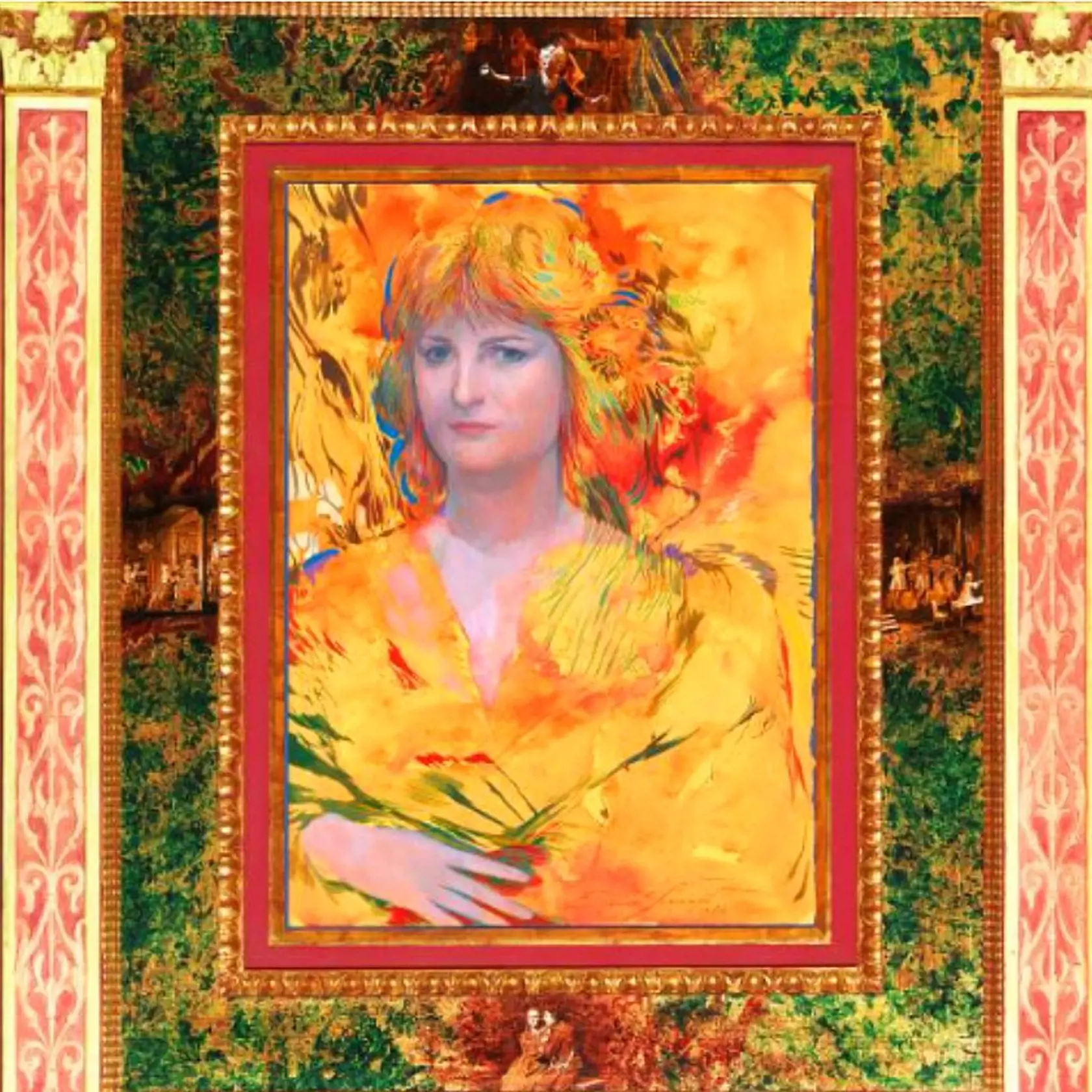 Portrét "Gruberová Primadonna“, Ernst Fuchs (1986), kombinovaná technika, 68 x 48 cm, v ráme podľa návrhu umelca so štyrmi scénami z opier. Predaný za: 22 300 eur. Vyvolávacia cena: 3 500 eur.