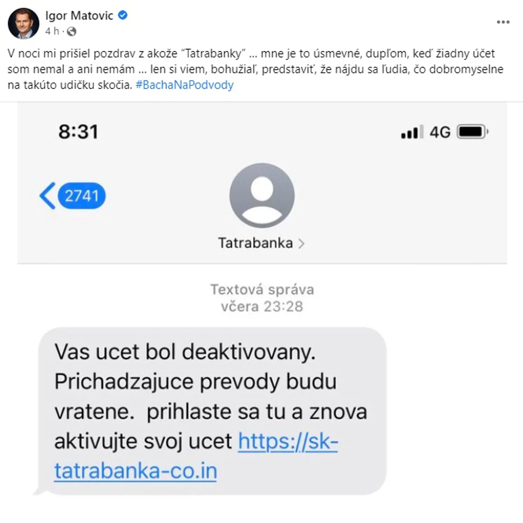 Matovič zverejnil podvodnú SMS, aby varoval ľudí, nech si dajú bacha na podvody. Na jeho tvári pritom SMS-ka vyvolala úsmev. Písali mu totiž akože z banky. Minister financií pritom žije tak trochu v technologickom praveku a účet nemá.