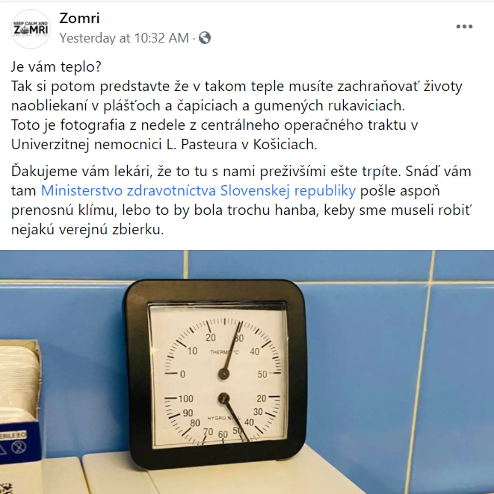 Internet obletela šokujúca fotografia: Teplomer v nemocnici v Košiciach nameral takmer 30 stupňov!