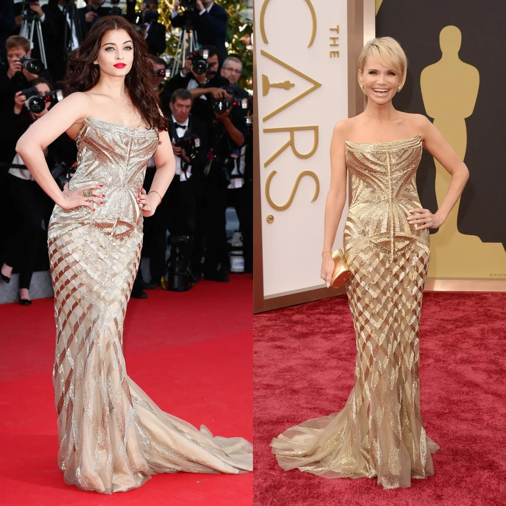 Aishwarya Rai Bachchan a Kristin Chenoweth sa ukázali na červenom koberci v zlatých šatách.