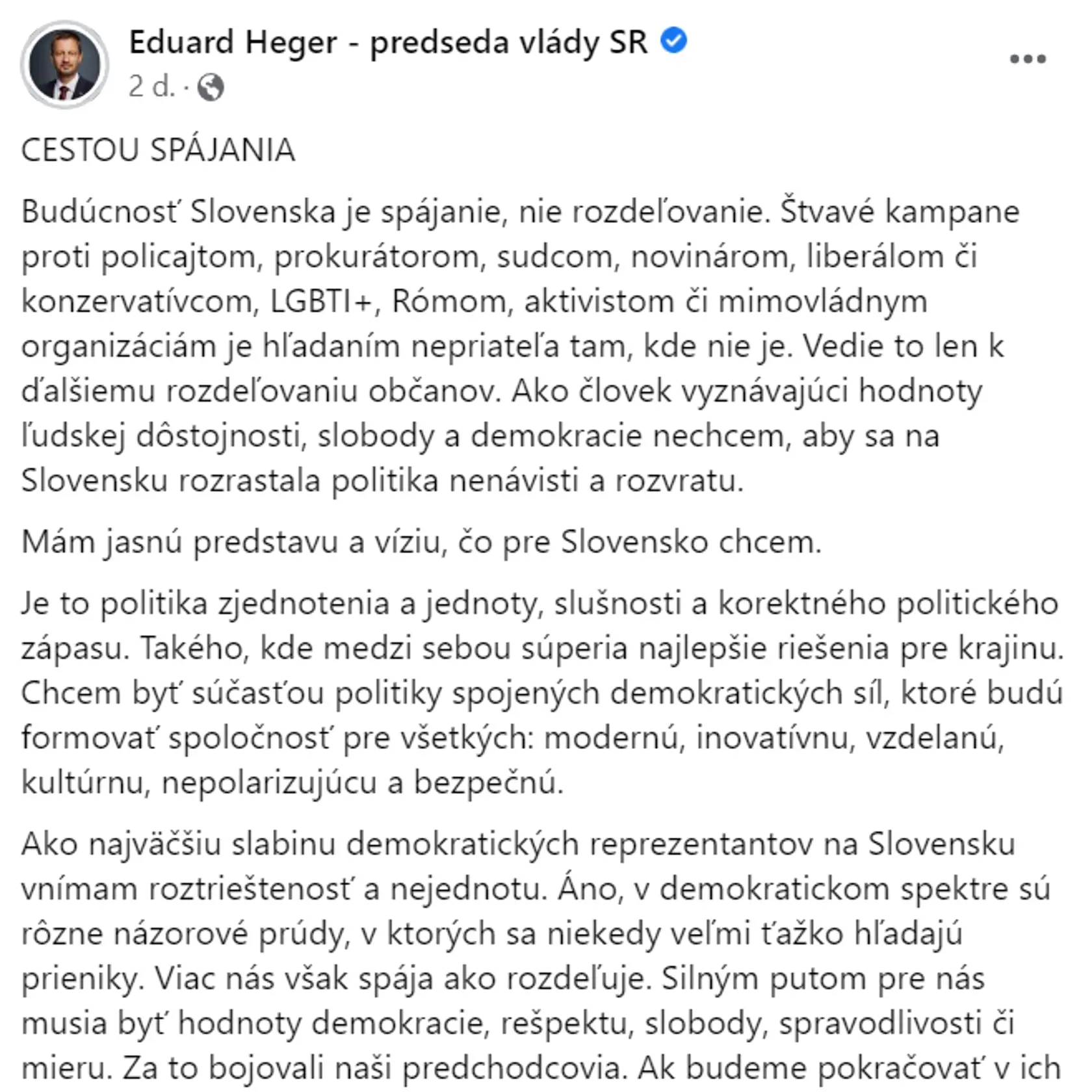 Opačný postoj ako Igor Matovič zaujal Eduard Heger. Ten vo svojom príspevku poslal jasný a tvrdý odkaz aj svojmu predsedovi.