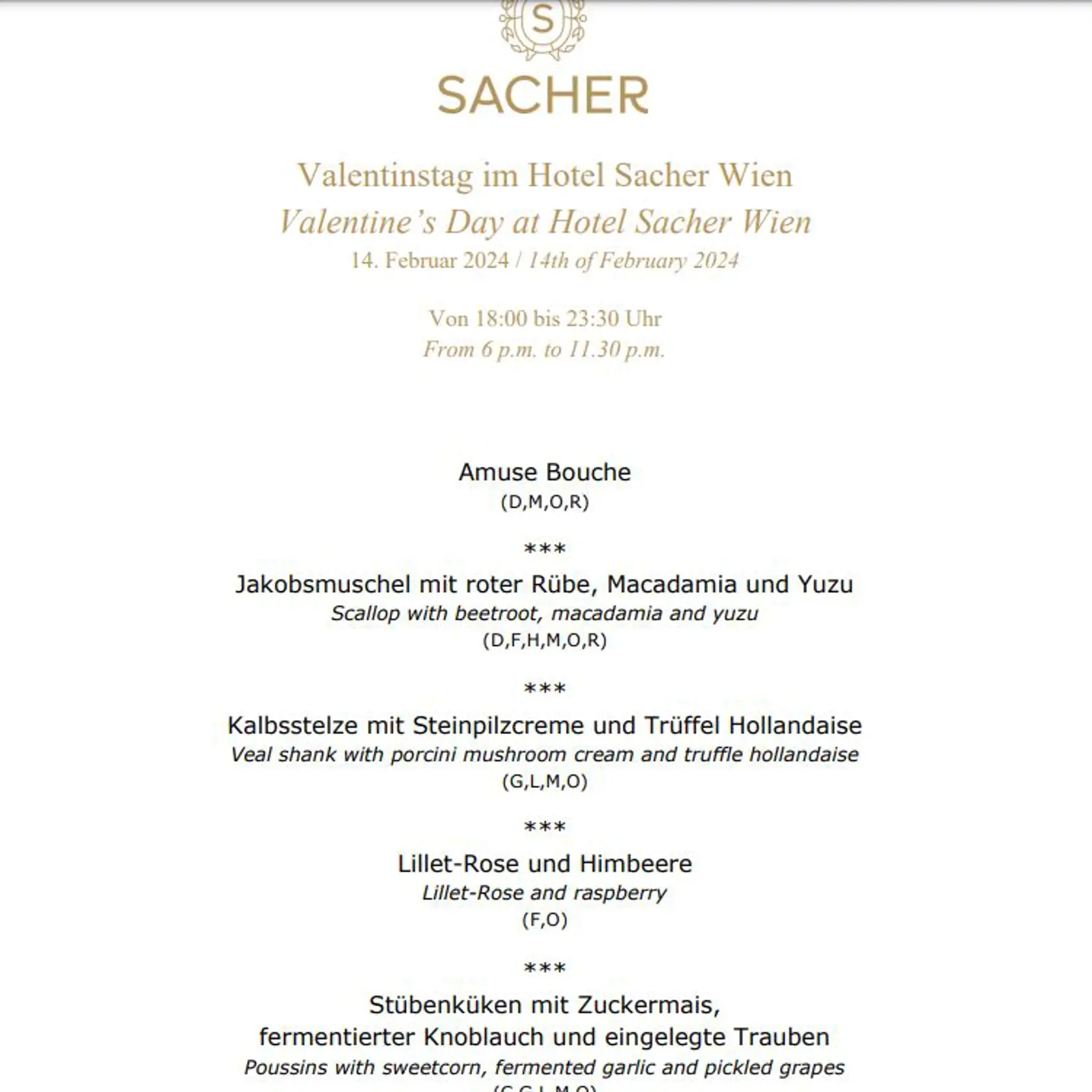 Valentínske menu vo viedenskom hoteli sacher vás vyjde na 115 eur na osobu.