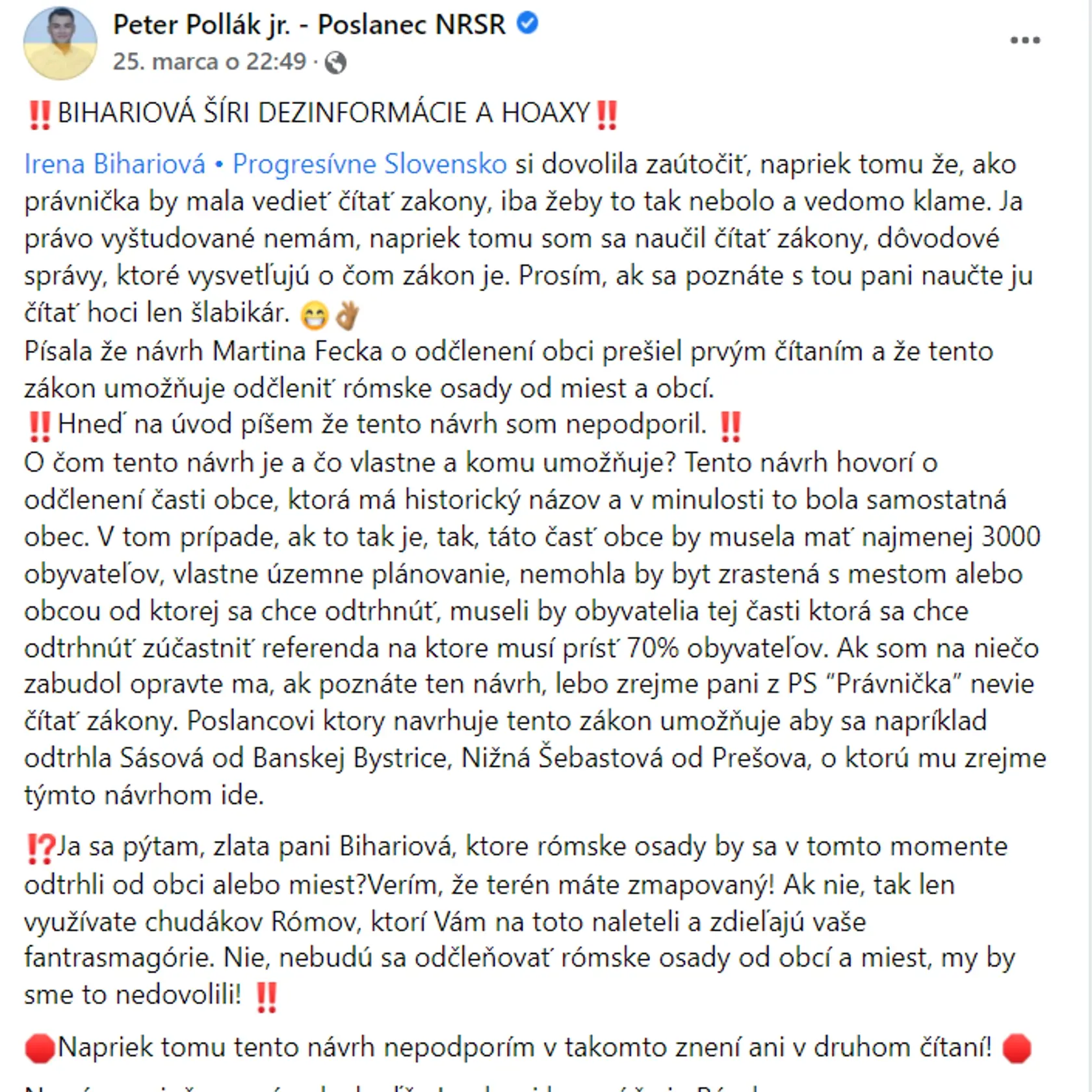 Peter Pollák (OĽANO) tvrdí o Bihariovej, že klame.