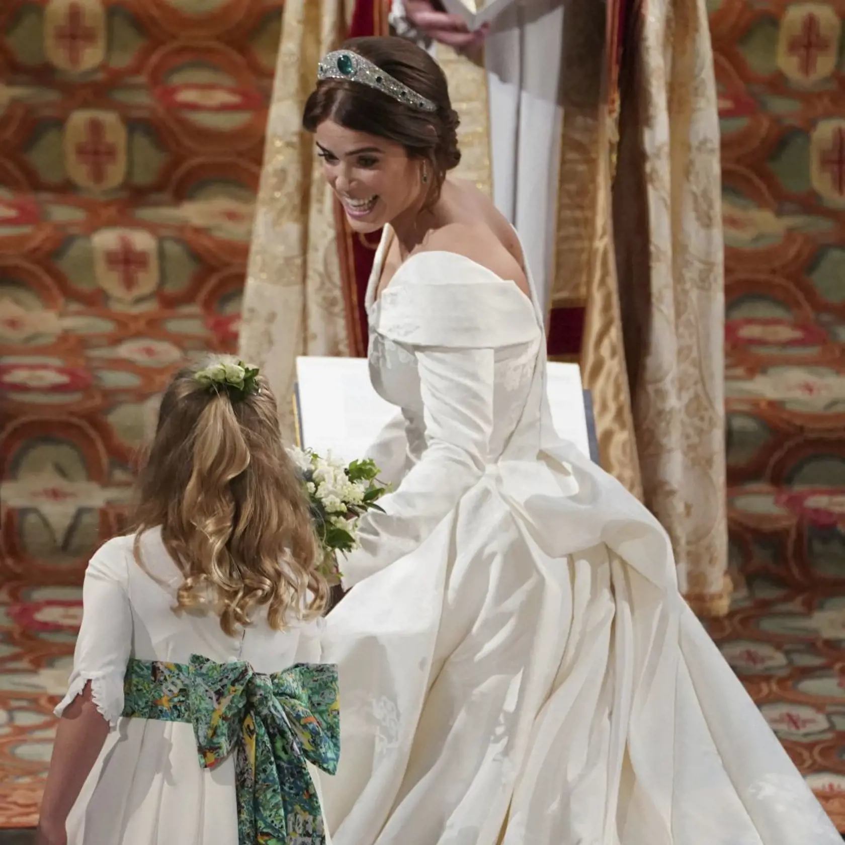 Princess Eugenie of York arrives for her wedding to Jack Brooksbank in St Georgeâs Chapel, Windsor Castle, near London, England, Friday Oct. 12, 2018. (Owen Humphreys, Pool via AP)