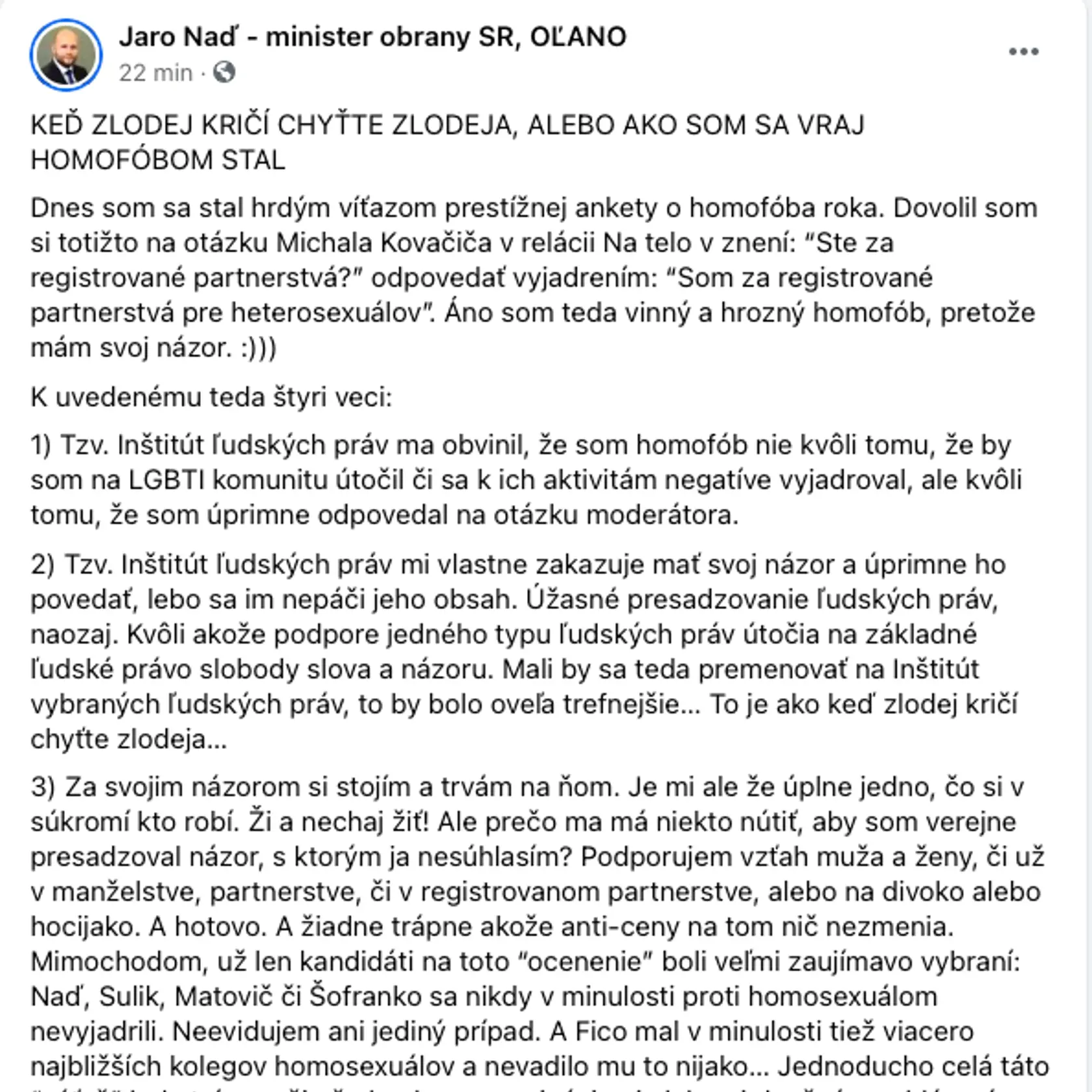 Status ministra obrany Naďa k anti-cene.