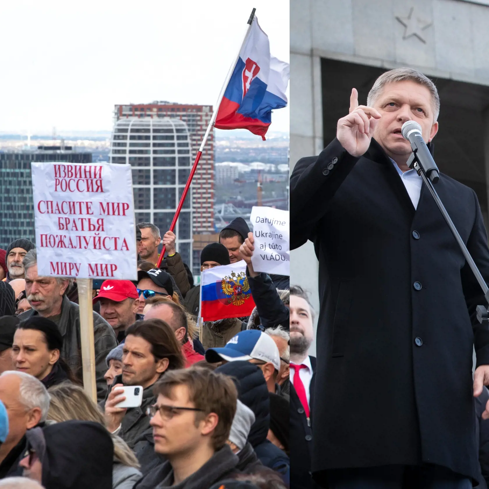 Prepáč Rusko: Fico rečnil aj pred ruskými vlajkami a týmto kontroverzným transparentom.