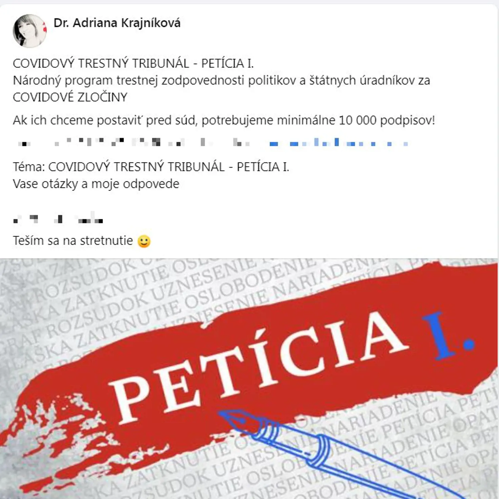 Pred časom pridala výzvu k podpisu petície.