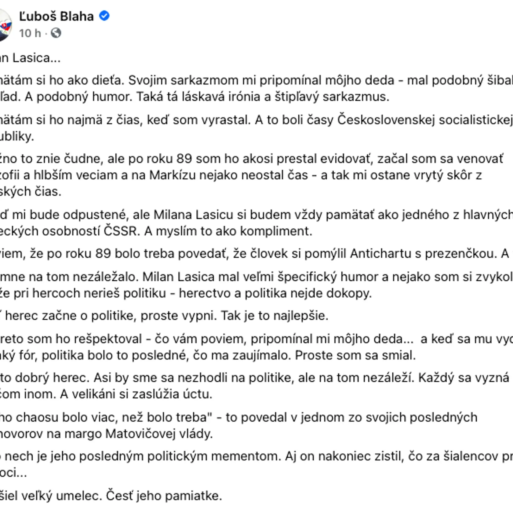 Ľuboš Blahapri smrti Milana Lasicu nezabudol spomenúť ani koaličné OĽaNO.