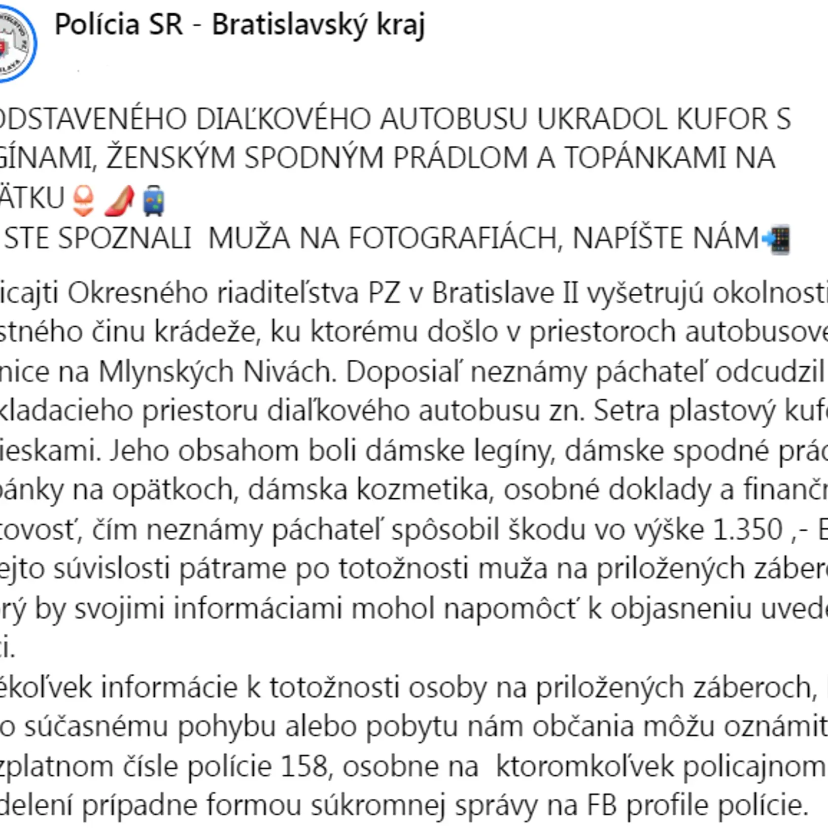 Výzva polície so žiadosťou o pomoc.
