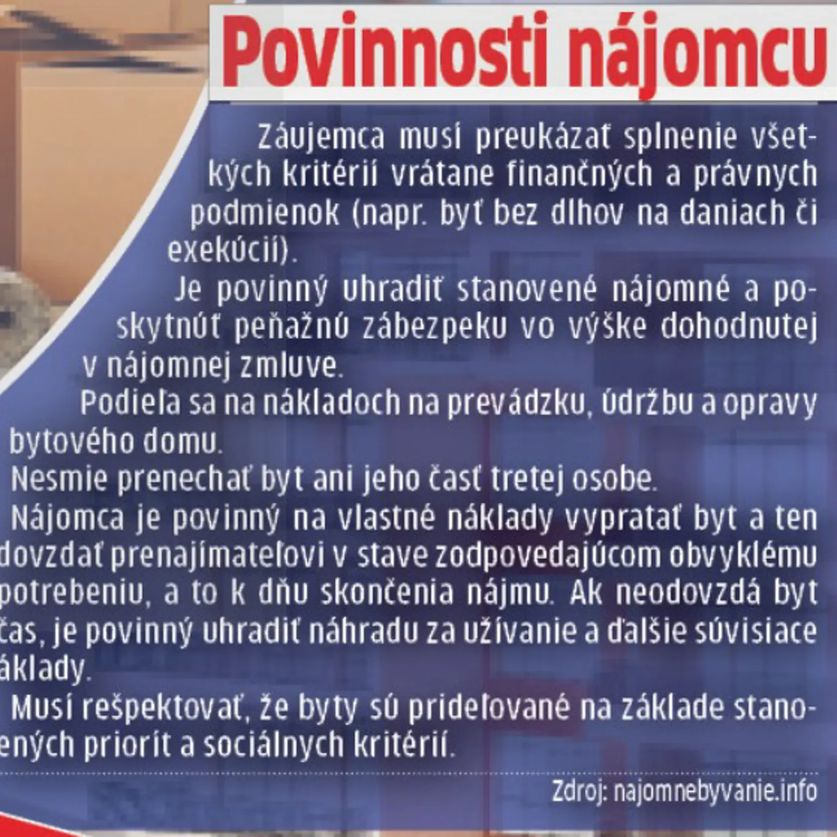 Aké budú povinnosti nájomcu?