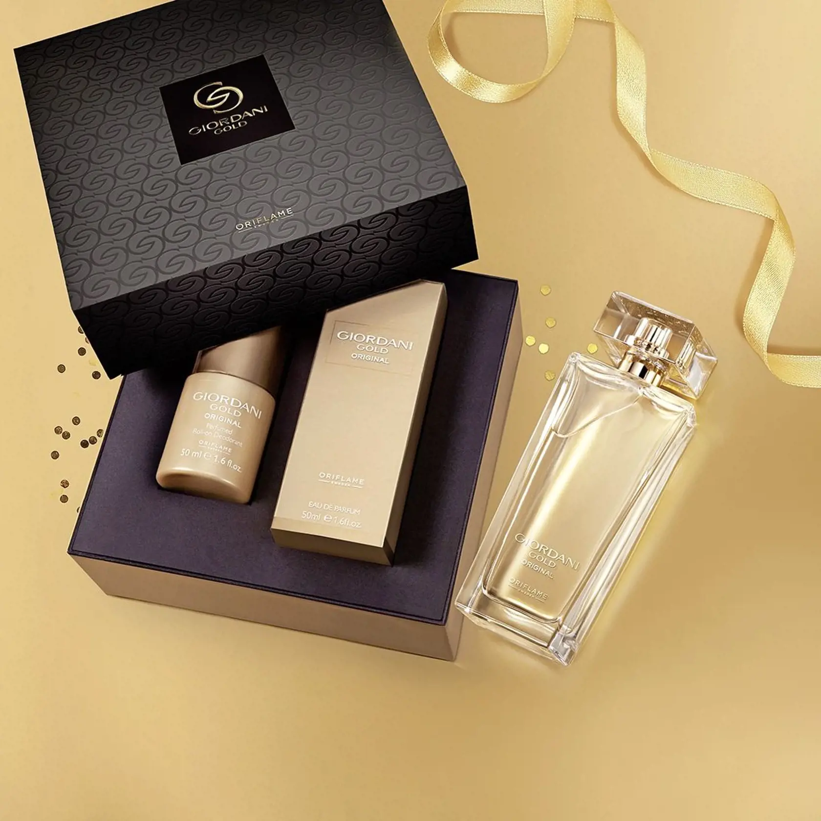 Parfumová voda  Giordani Gold Original  a guľôčkový dezodorant  v luxusnom  darčekovom balení,  Oriflame, 15,99 €