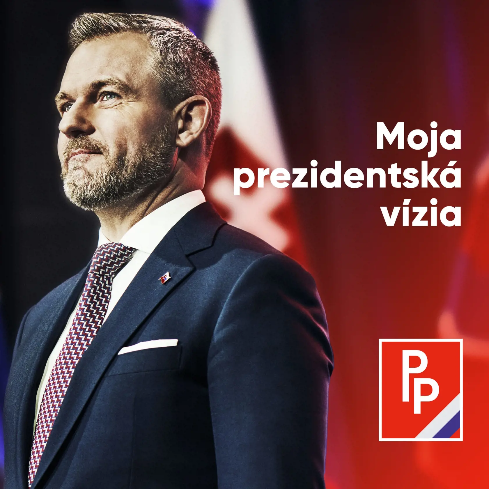 Peter Pellegrini zvolil štátnický vizuál so slovenskou vlajkou v pozadí. Volí heslo "Slovensko už potrebuje pokoj". Ako dodáva:  A prezidenta, ktorý by mal vždy hájiť národno-štátne záujmy na medzinárodnej úrovni.