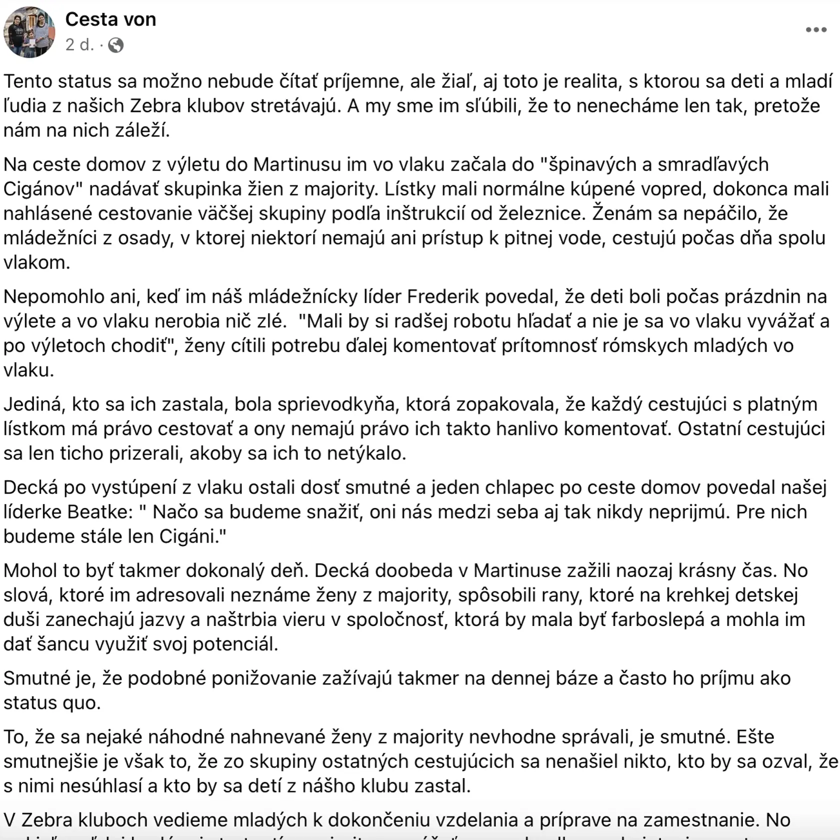 Príspevok na sociálnej sieti neziskovej organizácie Cesta von.