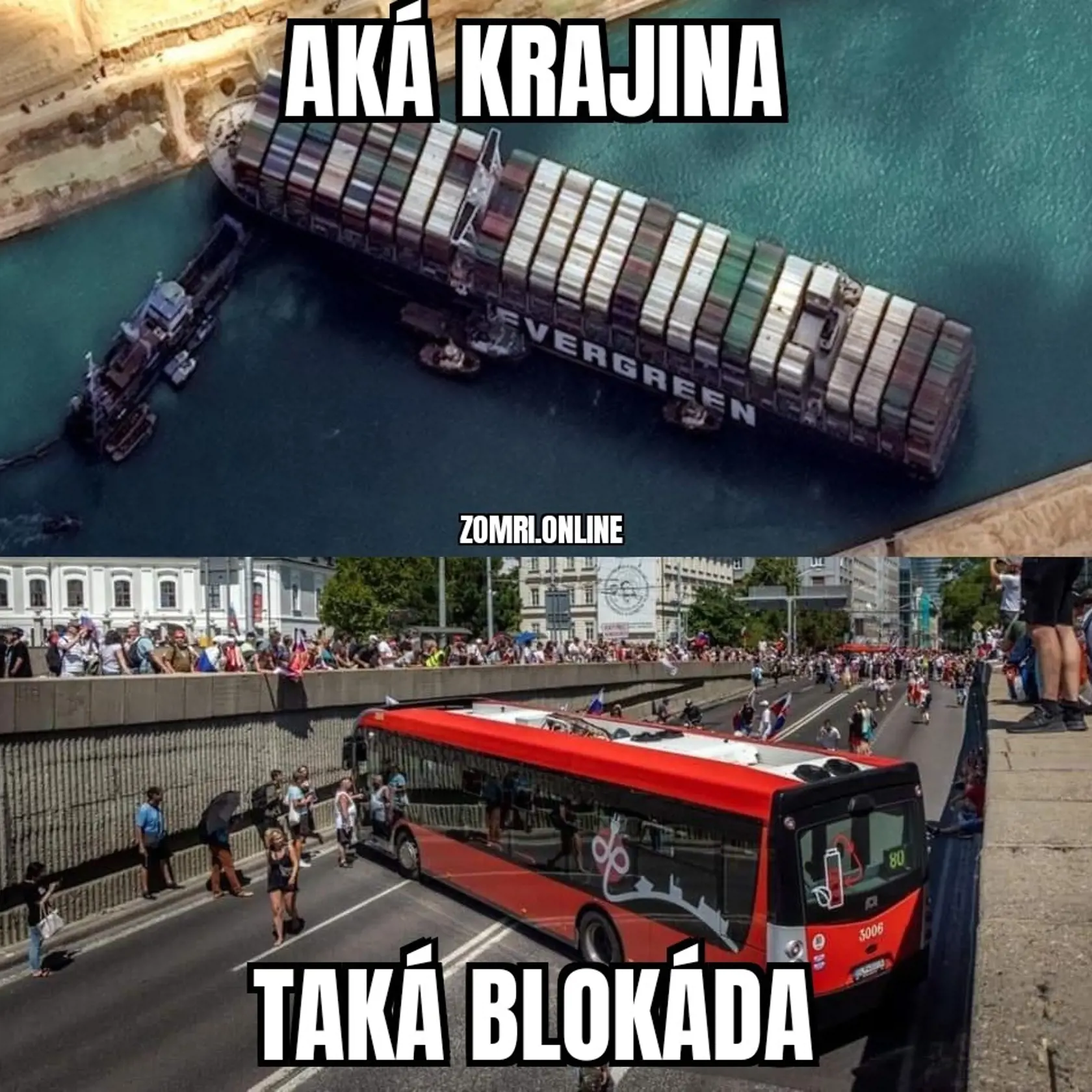Humoristi pri predchádzajúcom vtipe využili aj situáciu s autobusom. Ten sa po zablokovaní cesty protestujúcimi snažil v podjazde otočiť, no ostal zakliesnený.