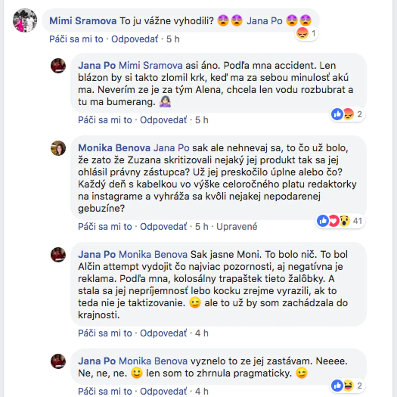 Diskusia pod príspevkom Moniky Beňovej na Facebooku.