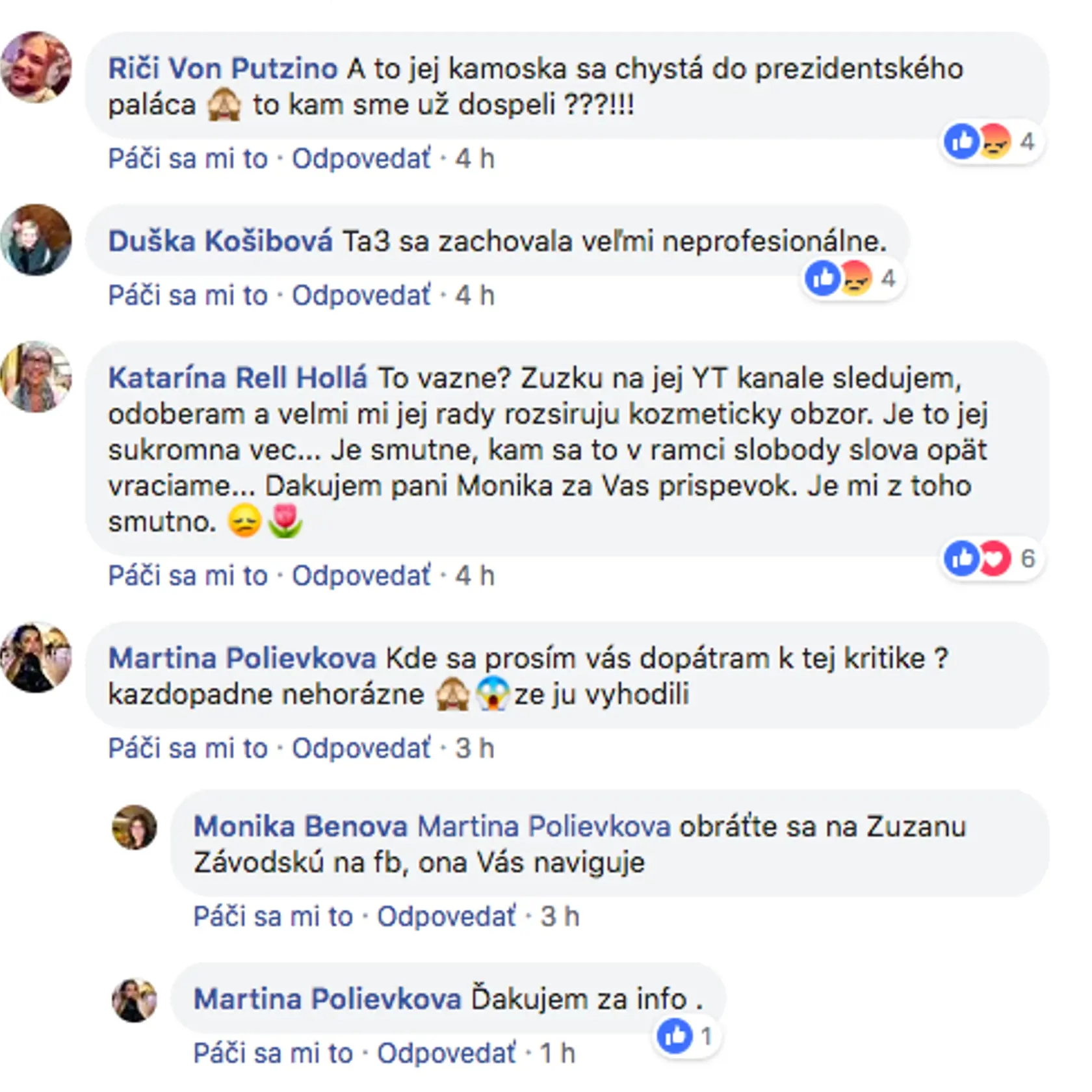 Diskusia pod príspevkom Moniky Beňovej na Facebooku.