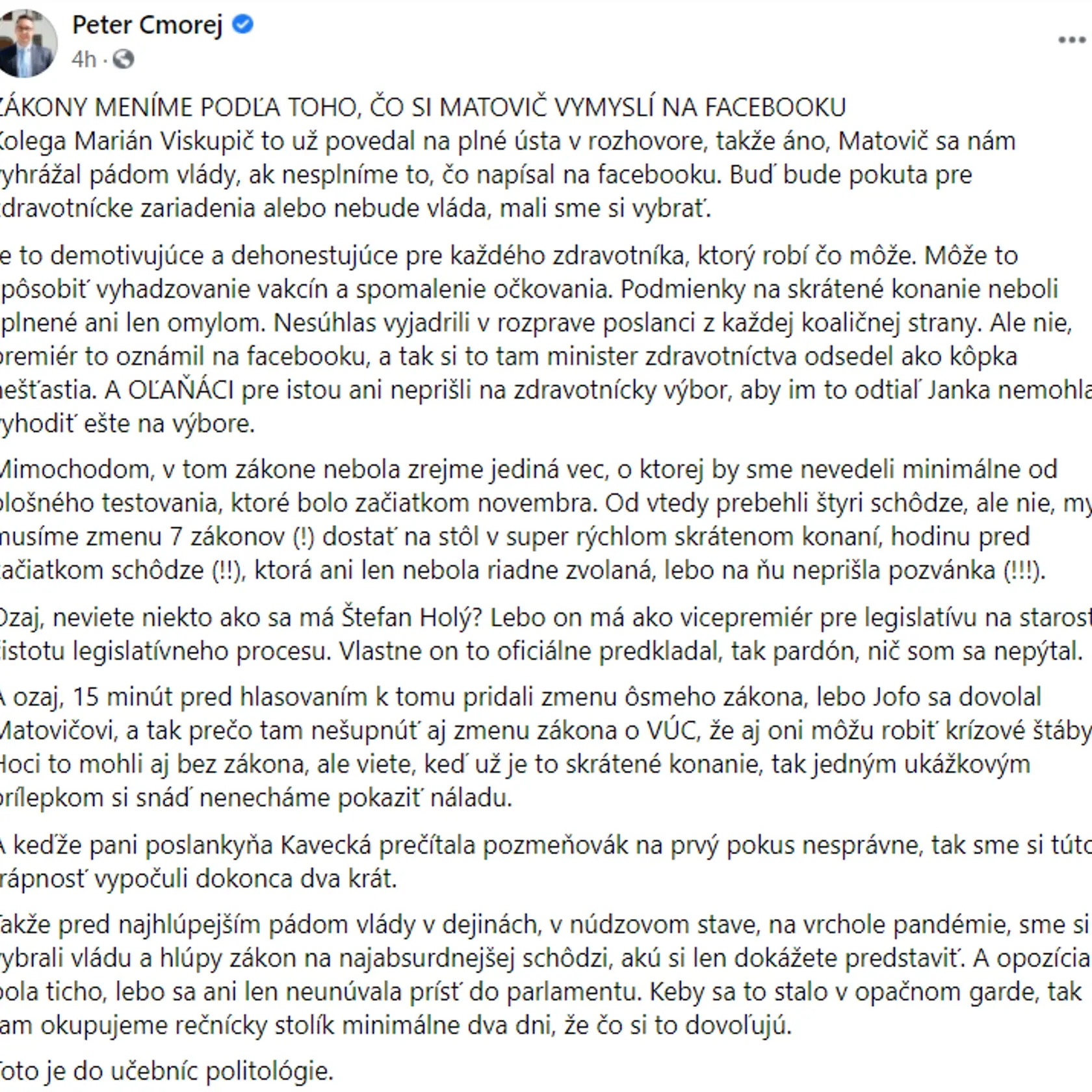 Poslanec Peter Cmorej o Matovičových vyhrážkach.