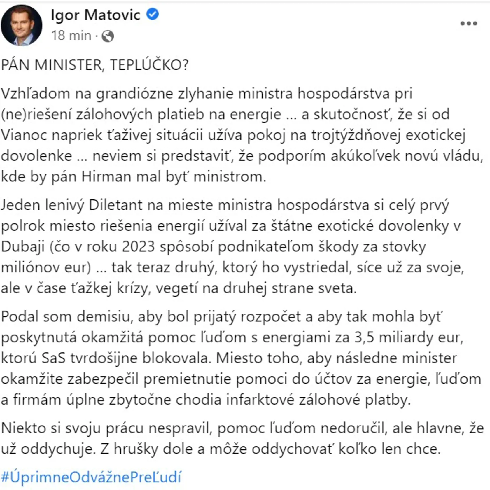 Igor Matovič si na sociálnej sieti podal Karla Hirmana.