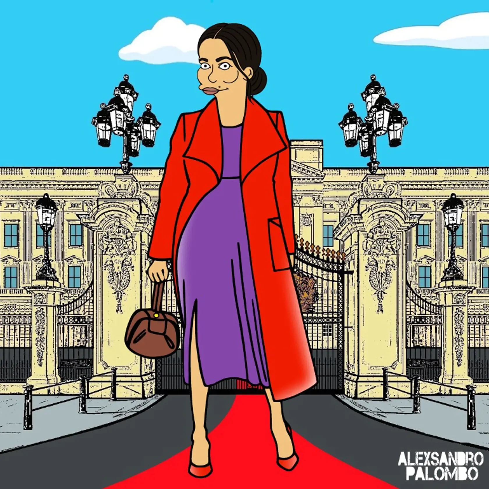 Meghan Markle ako kultová postavička zo seriálu Simpsonovci. Oblečený má obľúbený červený kabát a fialové šaty.