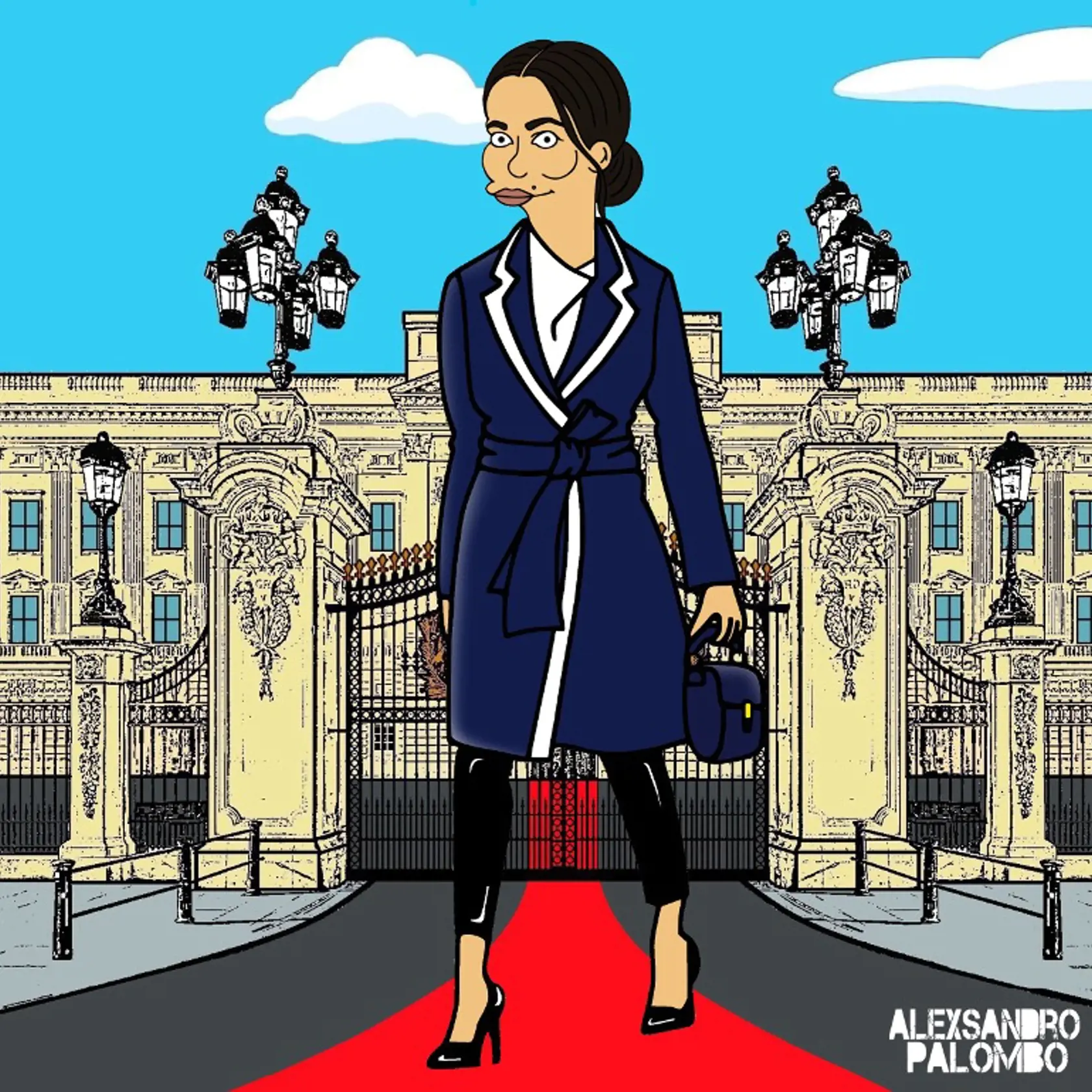 Meghan Markle v modrom kabáte a čiernych lodičkách.