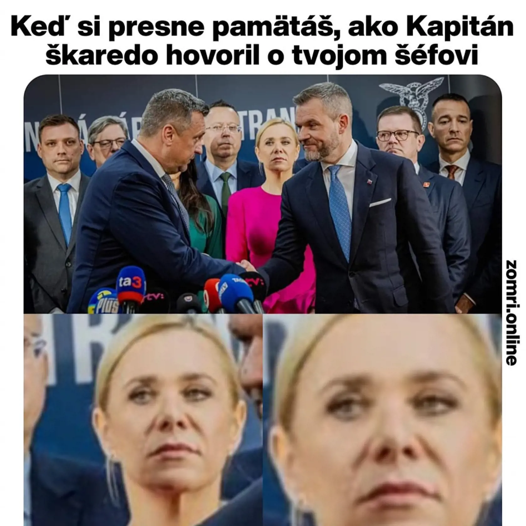 Peter Pellegrini a Andrej Danko si srdečne podávajú ruky počas tlačovky v centrále SNS 3. apríla 2024. A ministerka hospodárstva Denisa Saková to, zdá sa, vníma naozaj citlivo.