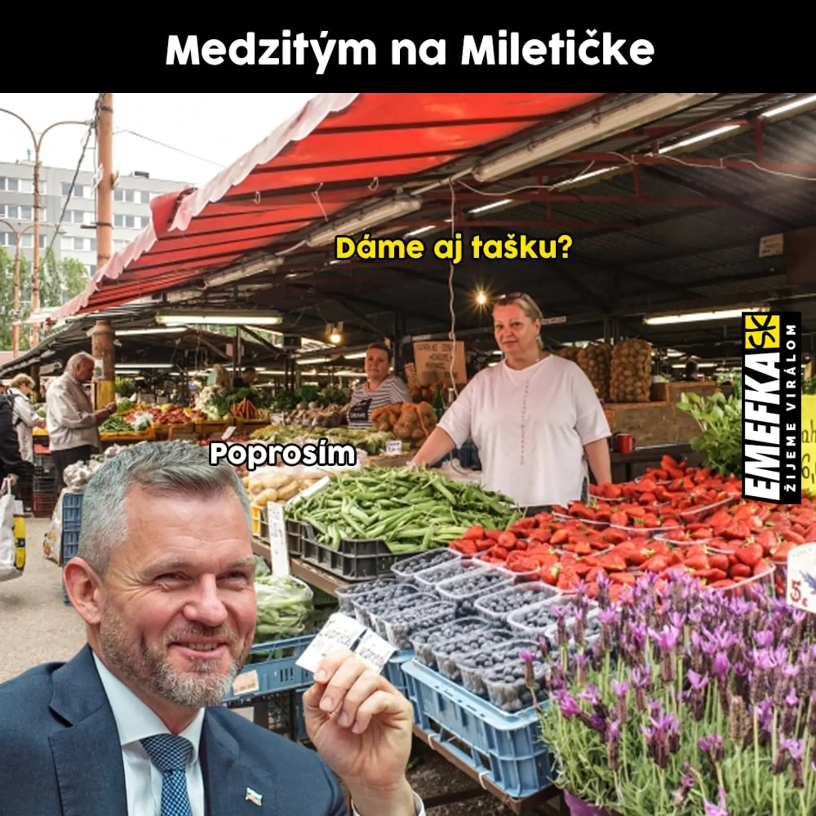 Peter Pellegrini podľa tvorcov tohto meme diela nepohrdne kúpou tašky ani najväčšom trhovisku v Bratislave. Veď, kde by budúci prezident tú voňavú, chutnú a zdravú, hoci nie najlacnejšiu zeleninu po jej nákupe dal, či?