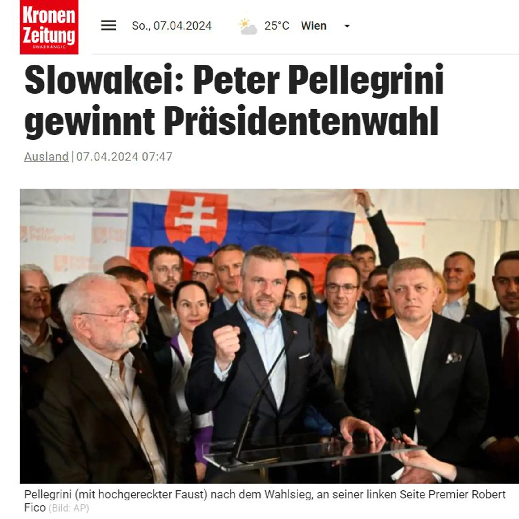 Rakúske Krone konštatuje, že volebná dráma, ktorá sa v súvislosti s voľbami prezidenta očakávala, sa nakoniec nekonala. Peter Pellegrini totiž vyhral s pohodlným náskokom. Denník uvádza, že víťaz volieb zostáva verný Robertovi Ficovi.