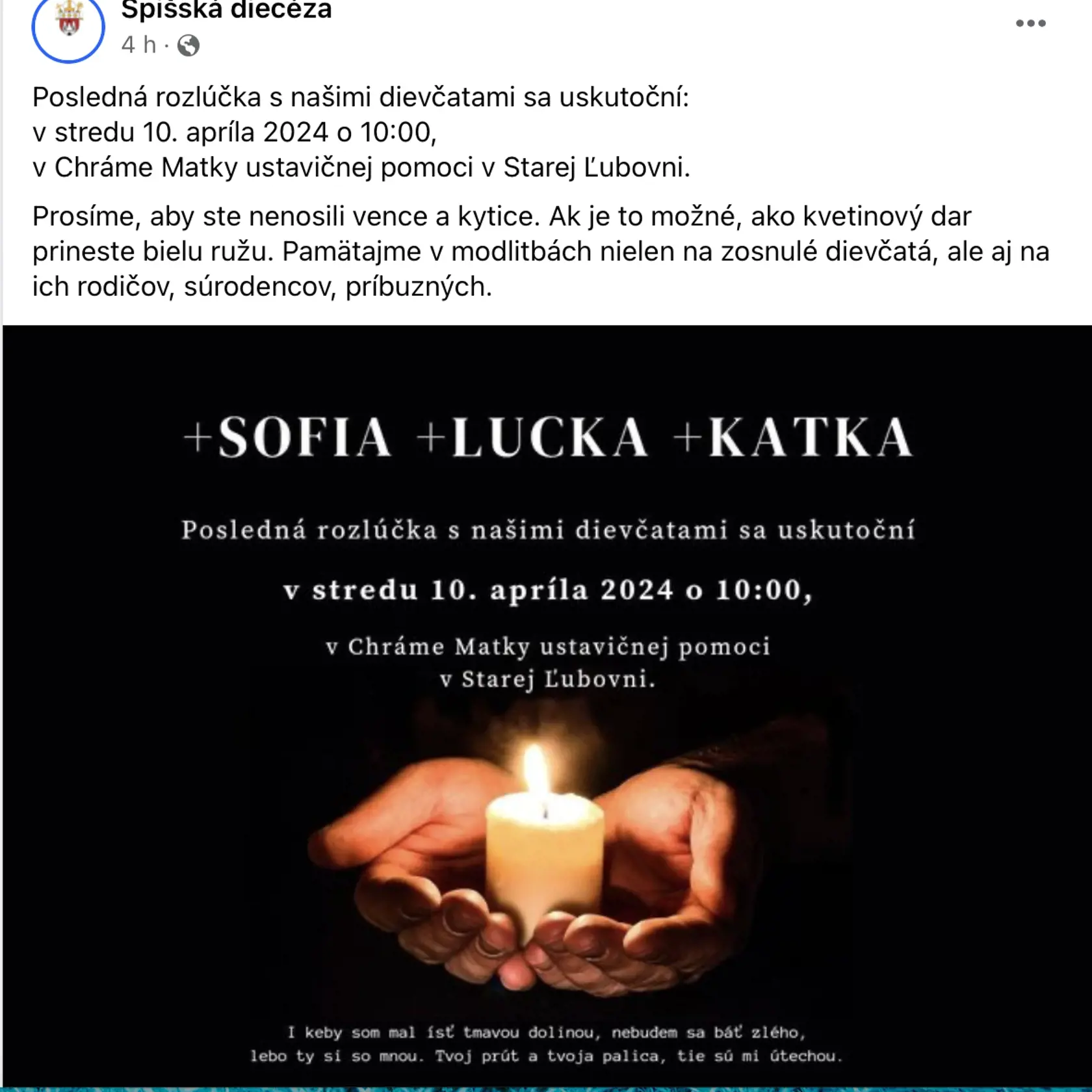 Oznámenie Spišskej diecézy o pohrebe.