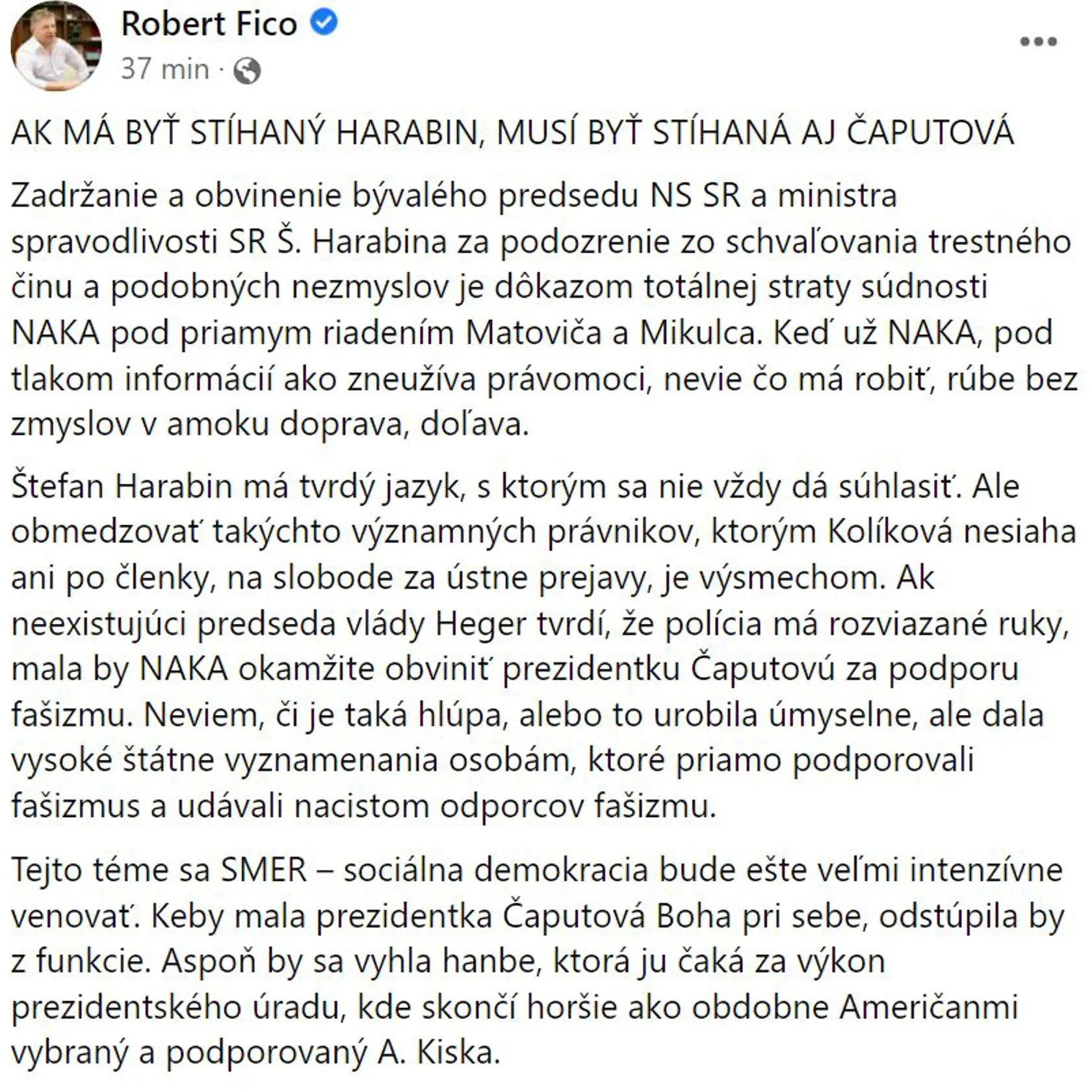Robert Fico o zadržaní Štefana Harabina.