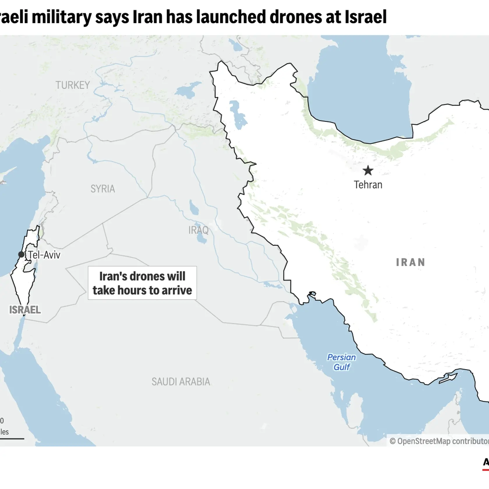 Mapa zobrazuje polohu Izraela a Iránu po tom, ako Irán vystrelil na Izrael bezpilotné lietadlá. Irán v noci na nedeľu zaútočil na Izrael viac než 300 bezpilotnými lietadlami a raketami. Izraelu a spojencom podarilo zostreliť až 99 percent z nich a útok sa dá považovať za "zmarený", informuje TASR podľa správy agentúry AFP, ktorá sa odvoláva na izraelskú armádu. Iránsky útok trval približne päť hodín. Spustený bol v sobotu večer.