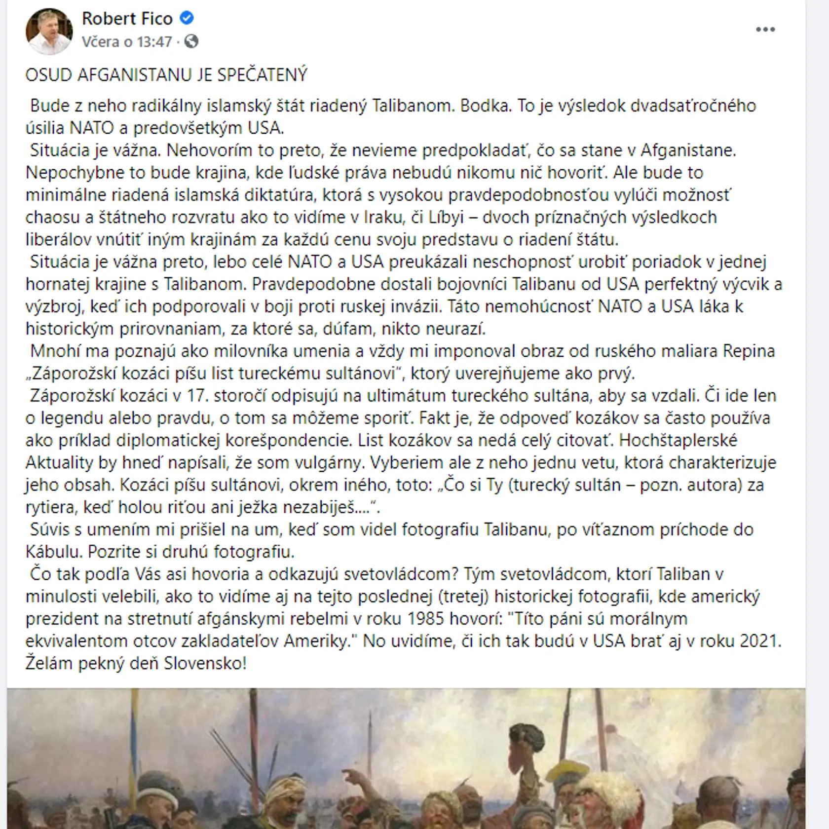 Príspevok Robert Fica k udalostiam v Afganistane.