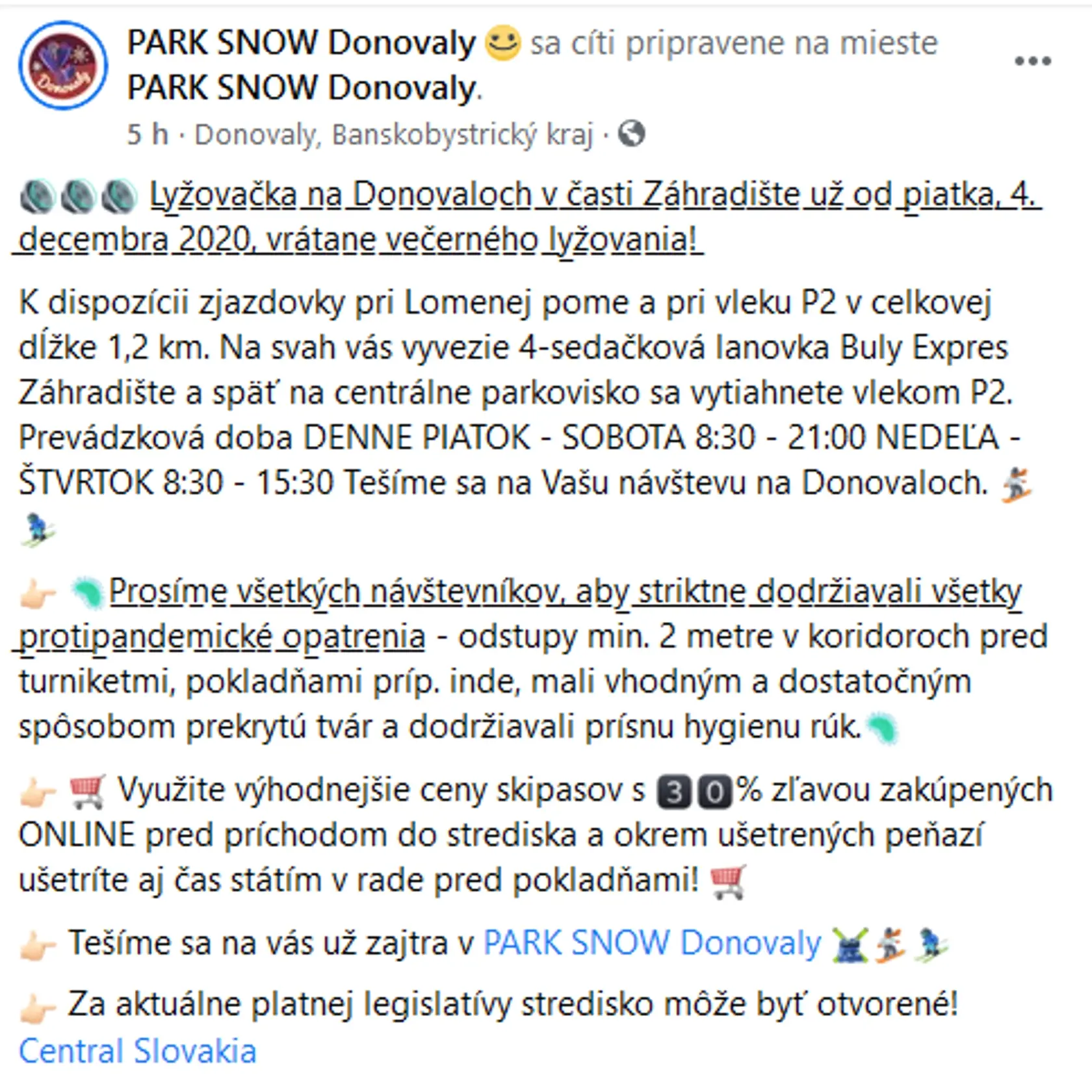 Facebookový status - PARK SNOW Donovaly