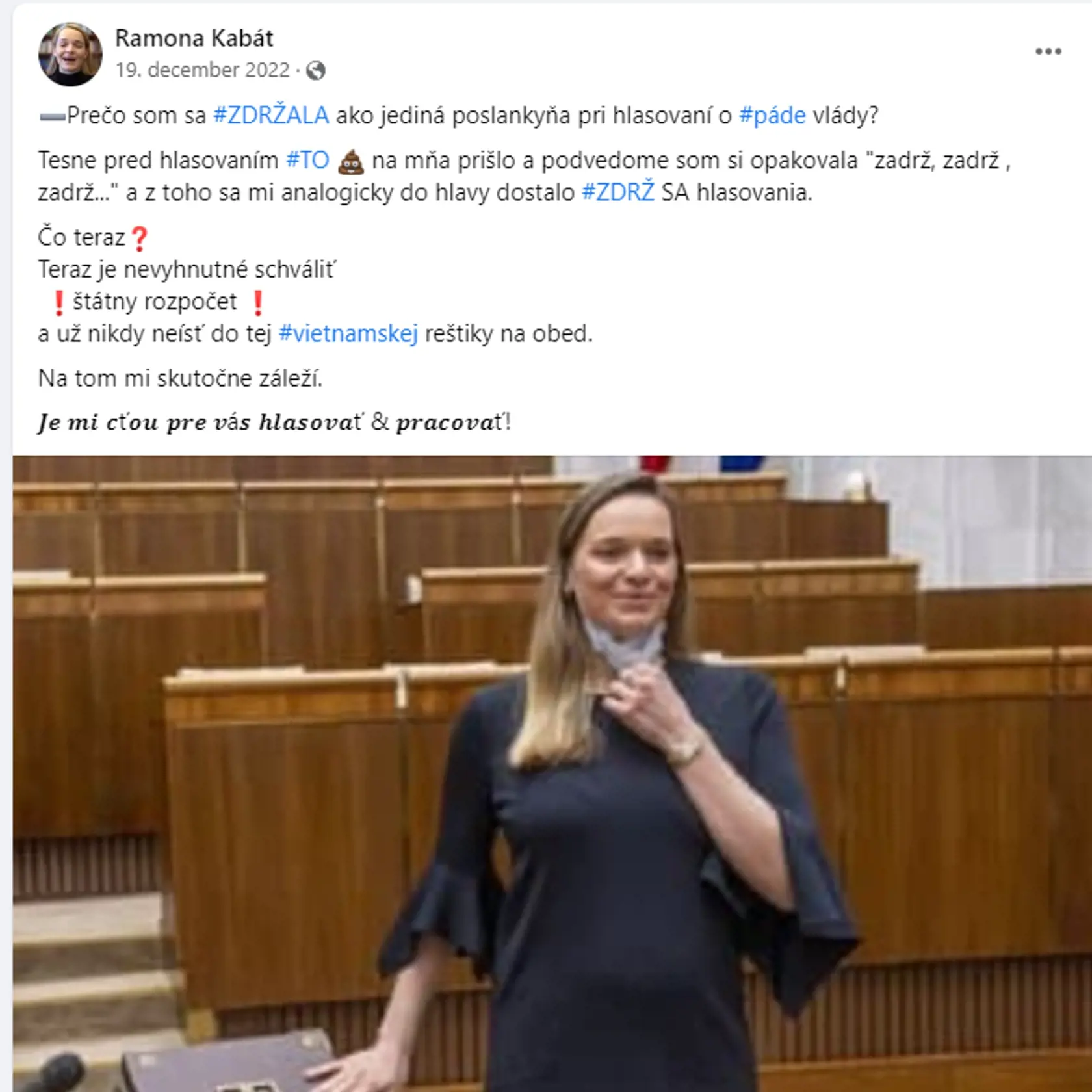 Poslankyňa Sme rodiny Romana Tabák (31) je od začiatku svojej politickej kariéry magnetom na trapasy či škandály. Extenistka sa aktuálne stala terčom vtipom na novej satirickej stránke RAMONA KABÁT, ktorá sa objavila na sociálnej sieti.