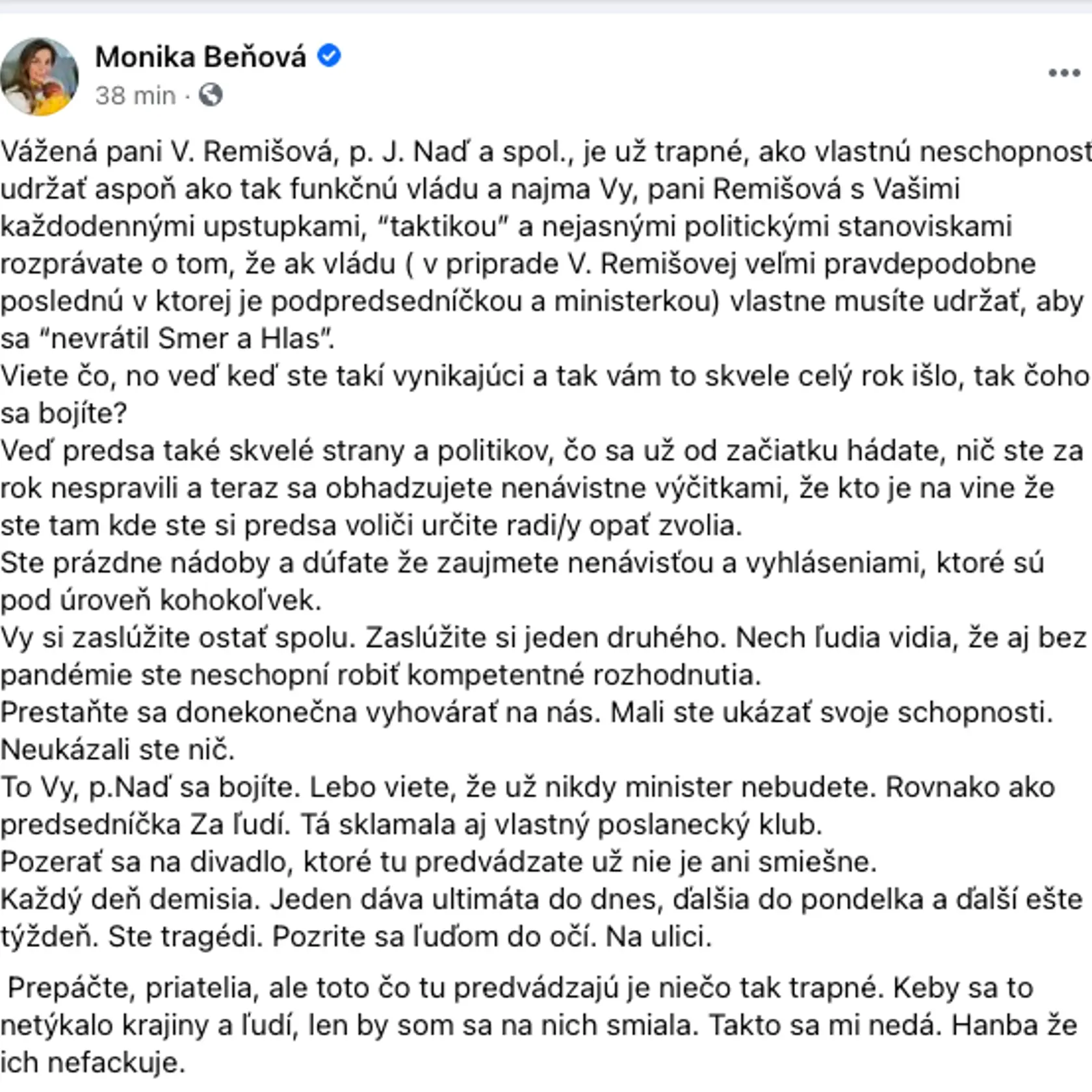 Status Moniky Beňovej.
