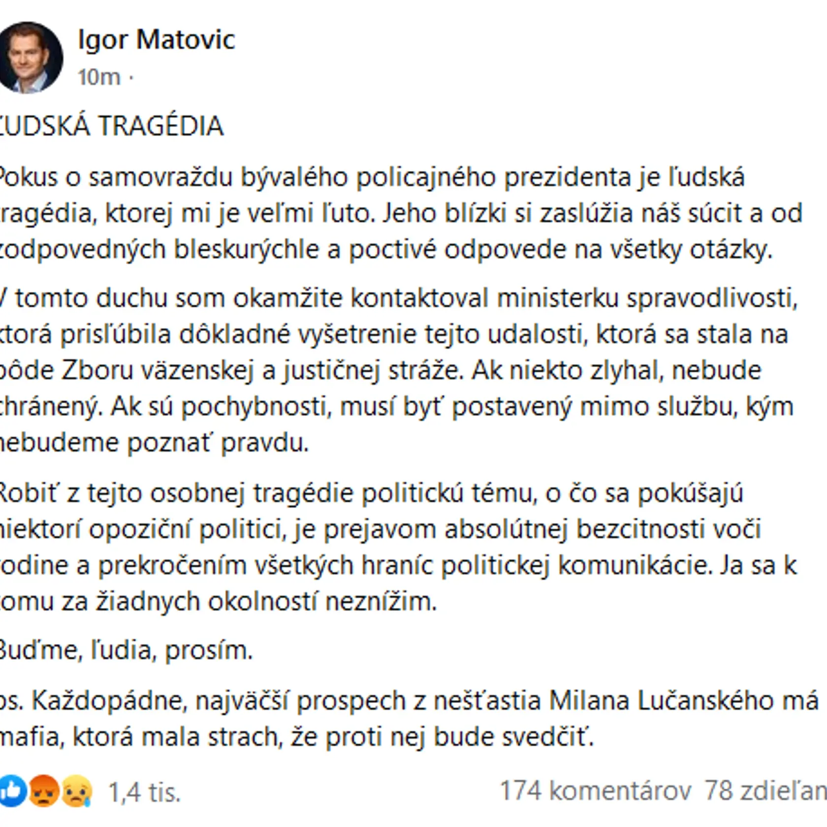 Facebookový status Igora Matoviča