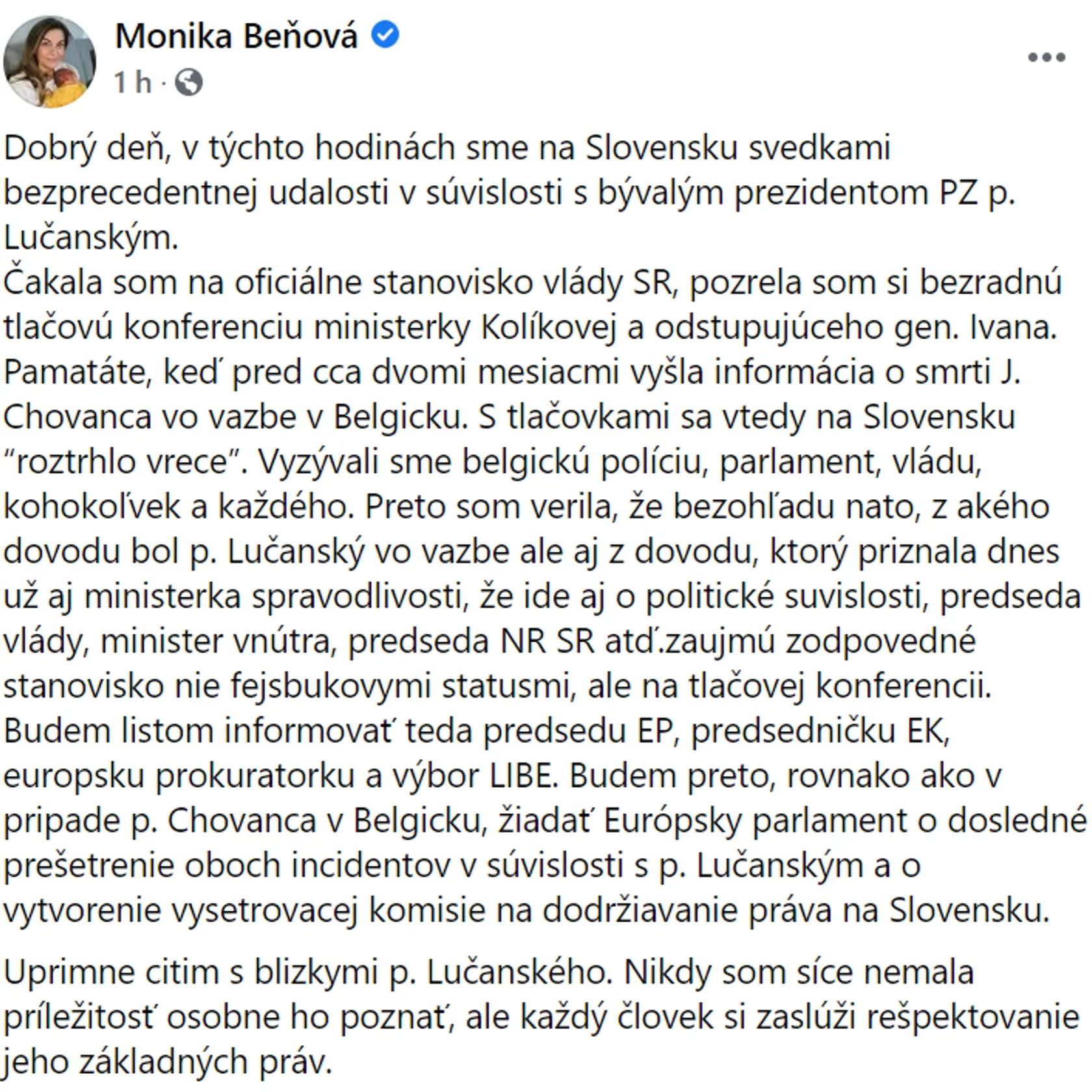 Vyjadrenie Moniky Beňovej k prípadu Lučanský.