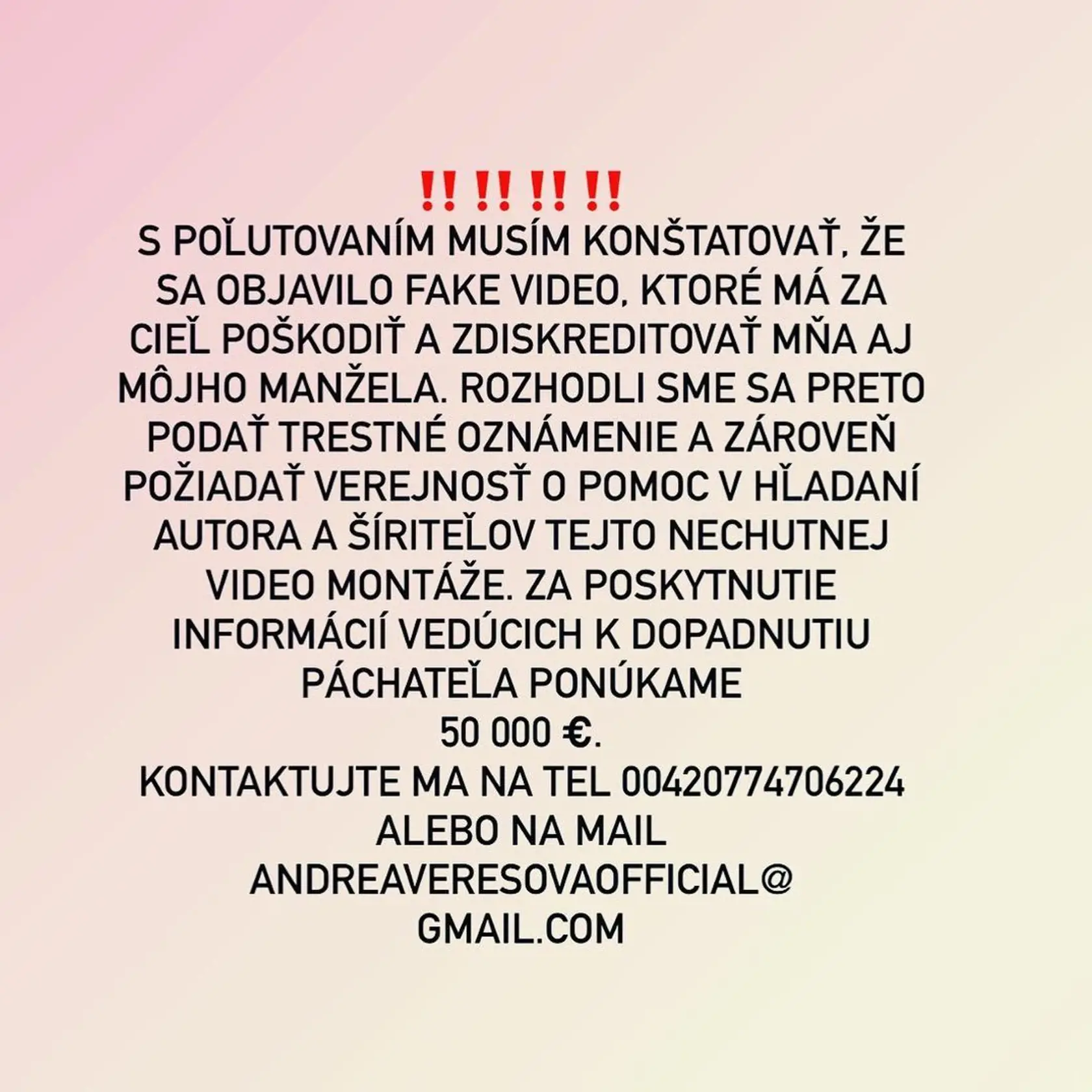 Andrea Verešová prosí o pomoc.