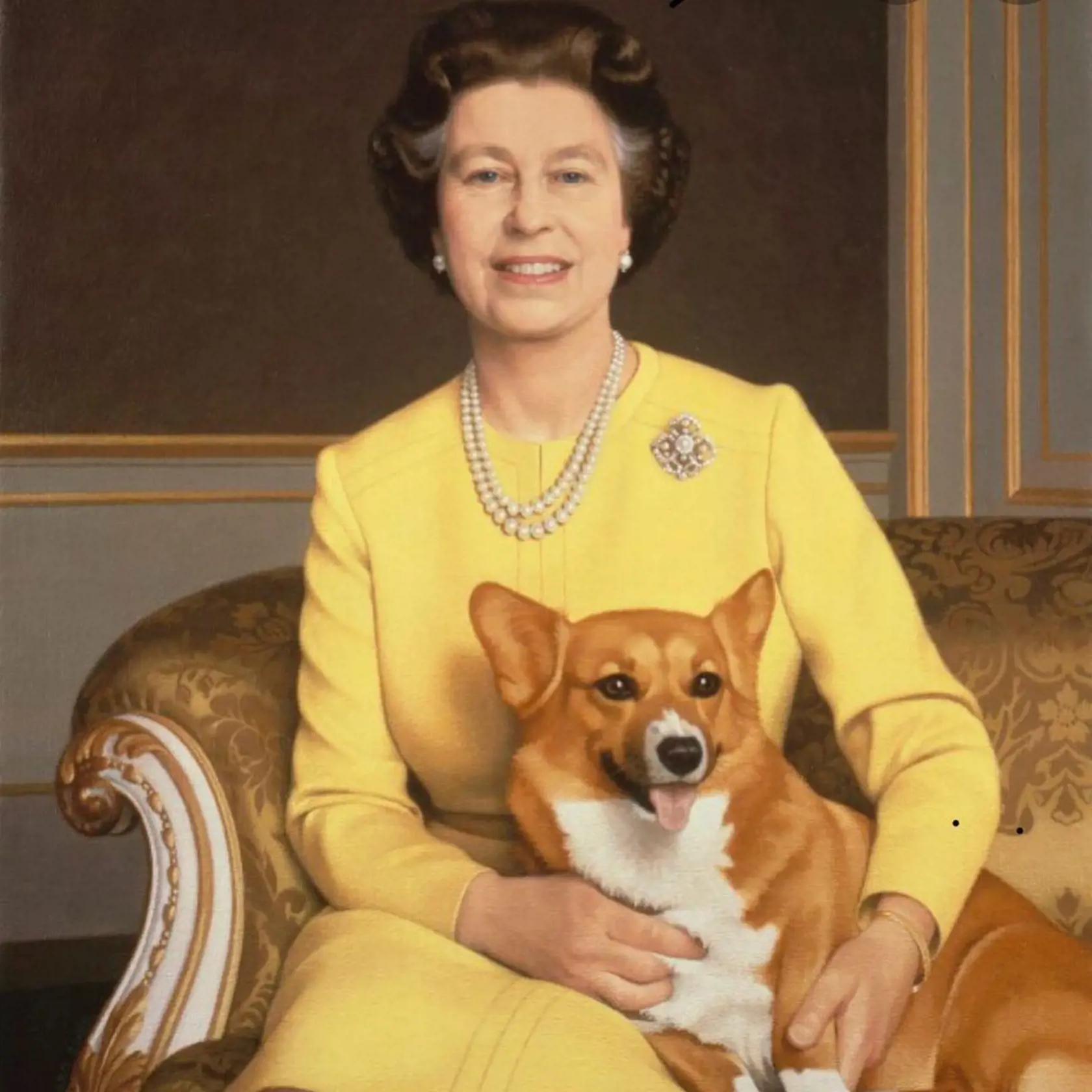 Kráľovná a jej portrét k 60. narodeninám. Corgi nemohol chýbať.