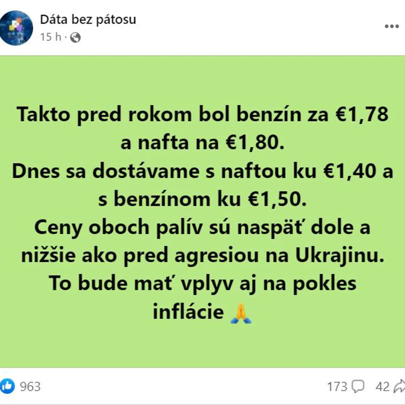 Analytici z facebookovej stránky Dáta bez pátosu porovnávajú aktuálne ceny pohonných hmôt s cenami, za ktoré sme tankovali pred rokom.