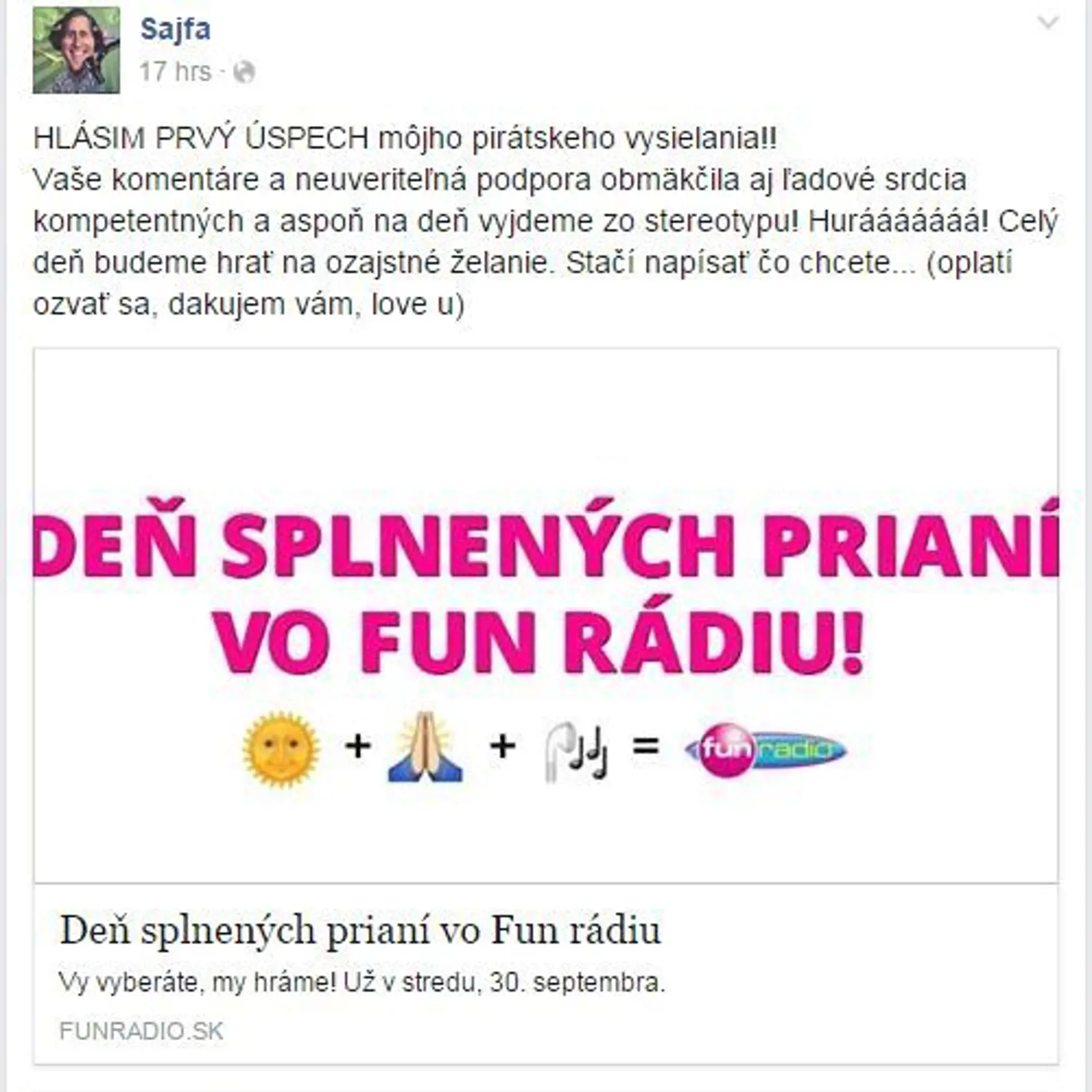 Sajfa o Dni prianí informoval na svojom Facebooku.