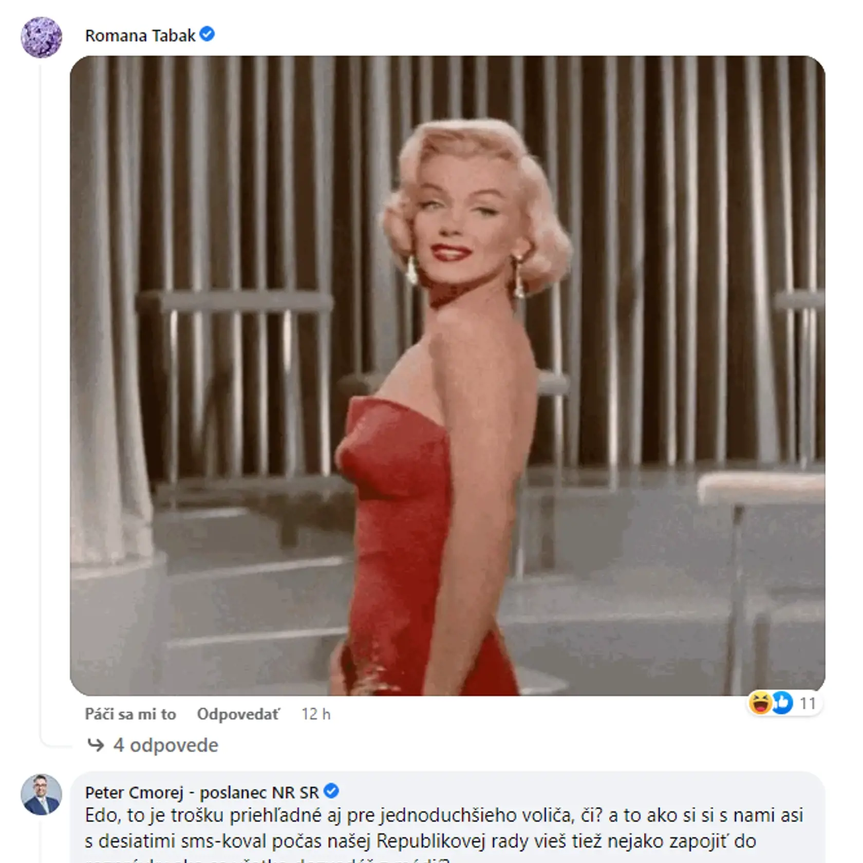 Exposlankyňa OĽANO Ramana Tabák pobavila komentujúcich gifkami s Marilyn Monroe. Na status premiéra Hegera však zareagovali aj poslanci SaS.