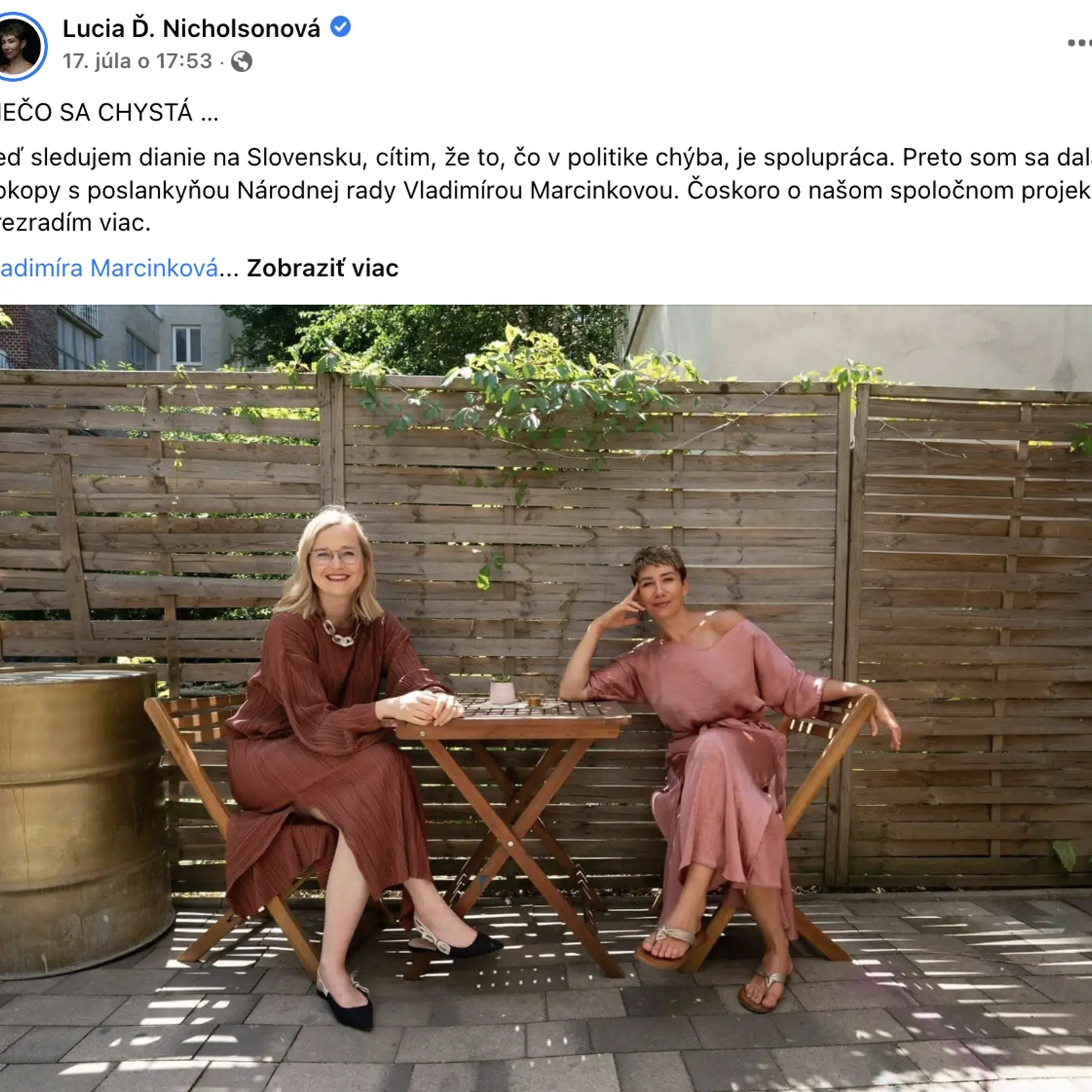 Lucia Ď. Nicholsonová sa nedávno stretla so saskárskou poslankyňou Marcinkovou, pričom obe diskutovali o spoločnom "projekte". Viac informácií však neprezradili. Žeby sa známa politička chcela vrátiť do politiky?